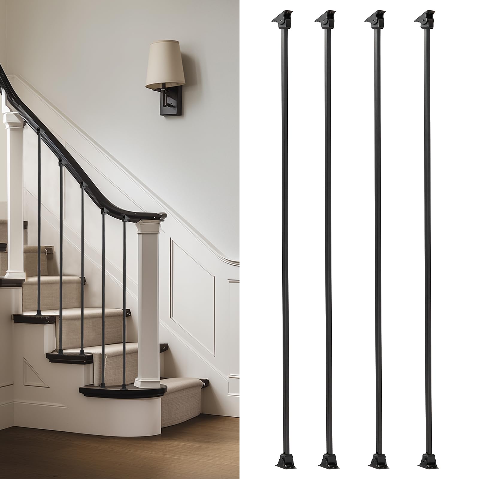 Balusters for Staircase Interior - Stair Railing Indoor Spindles, Iron Balusters Banister, Hollow Square, 1/2inch x 44inch, Plain Iron Balusters and Swivel Shoes (Pack of 10), Satin Black