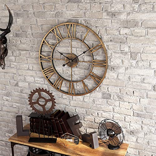 Eurson Large Wall Clocks Non-Ticking Silent 24 Inch Battery Operated Oversized Metal Round Roman Numerals European Industrial Wall Clocks For Home Kitchen Living Room Office Decor (24 Inch, Bronze) #TOP5