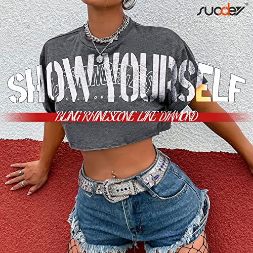 Image of SUOSDEY Women Men Rhinestone Belt Unisex Sequin Strap Bling Crystal Western Studs Glitter Luxury Belt for Jeans Pants Dress