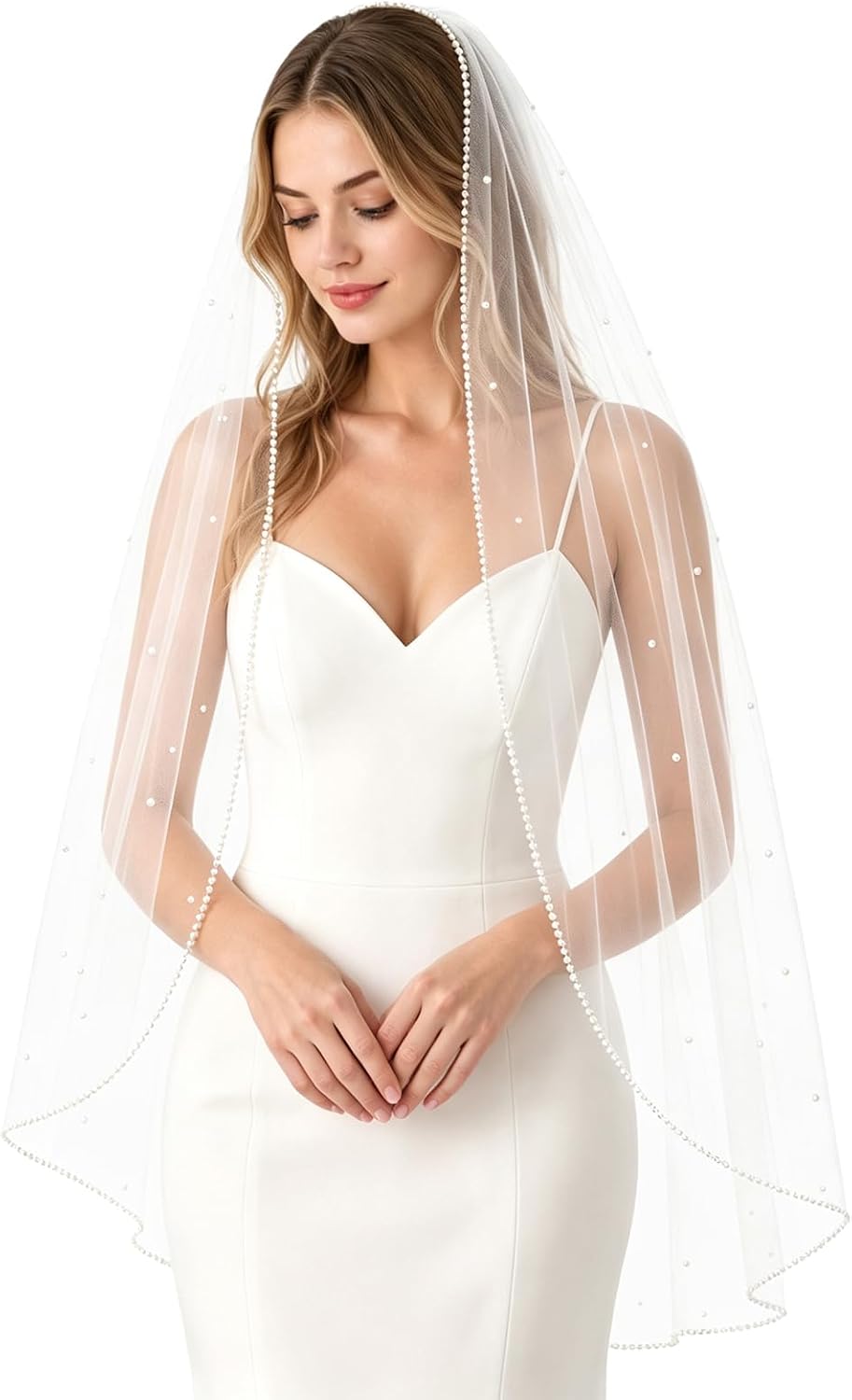 Bridal Wedding Veil with Pearl Beaded Edge, 39 Inches Soft Tulle