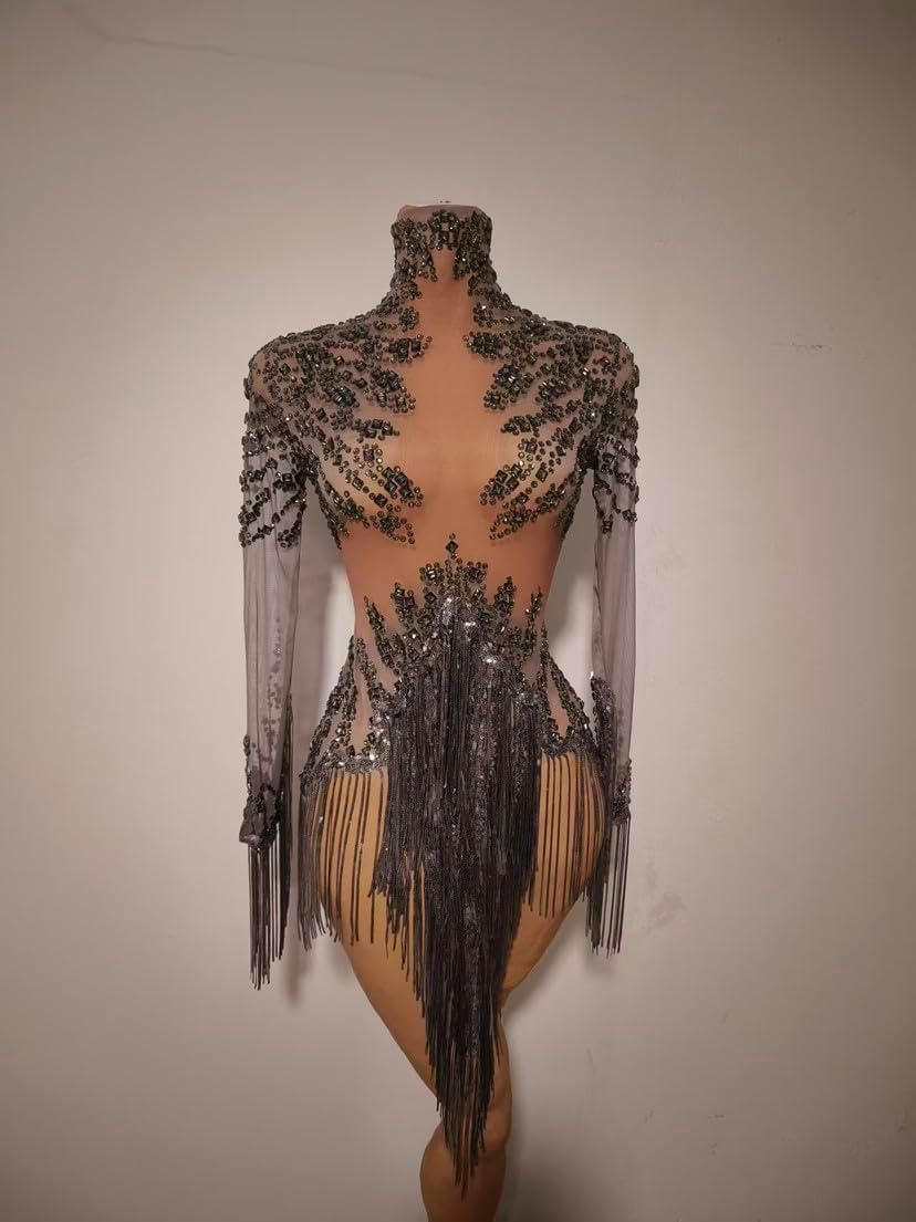Rhinestone Sparkly Mesh Bodysuit,Long Sleeve High Neck Tassel Dance Costume for Party Club Stage Performance Outfit