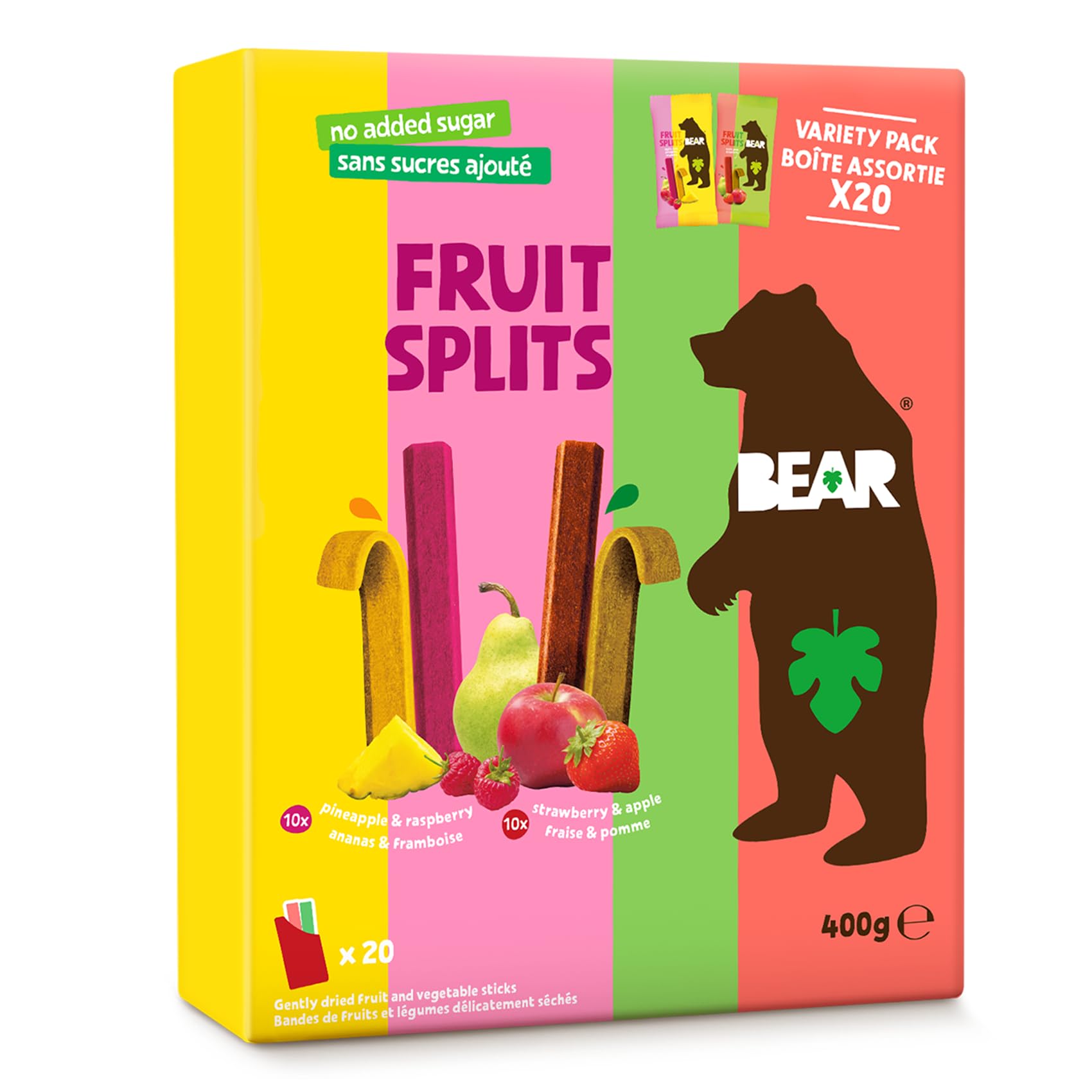 BEAR Fruit Splits Variety Pack - Raspberry & Pineapple, Strawberry & Apple - Real Fruit Snacks - 100% Natural Ingredients - No Added Sugar - Gluten Free - Vegan - Non-GMO - Lunchbox - 20 count