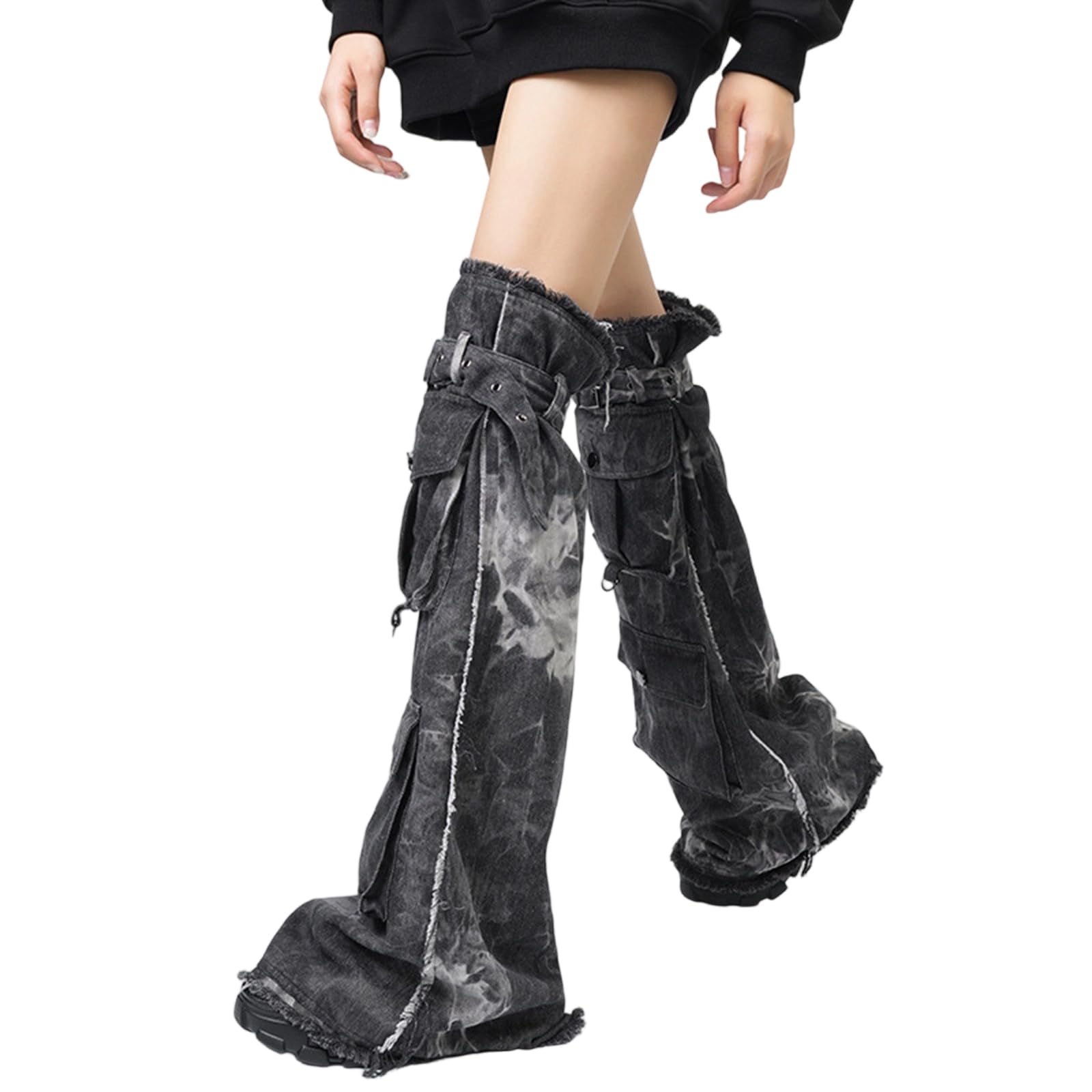 Leg Warmers Black Denims Punk Leg Warmers with Subcultures Design for Women Streetwear Over the Knee Baggy Leg