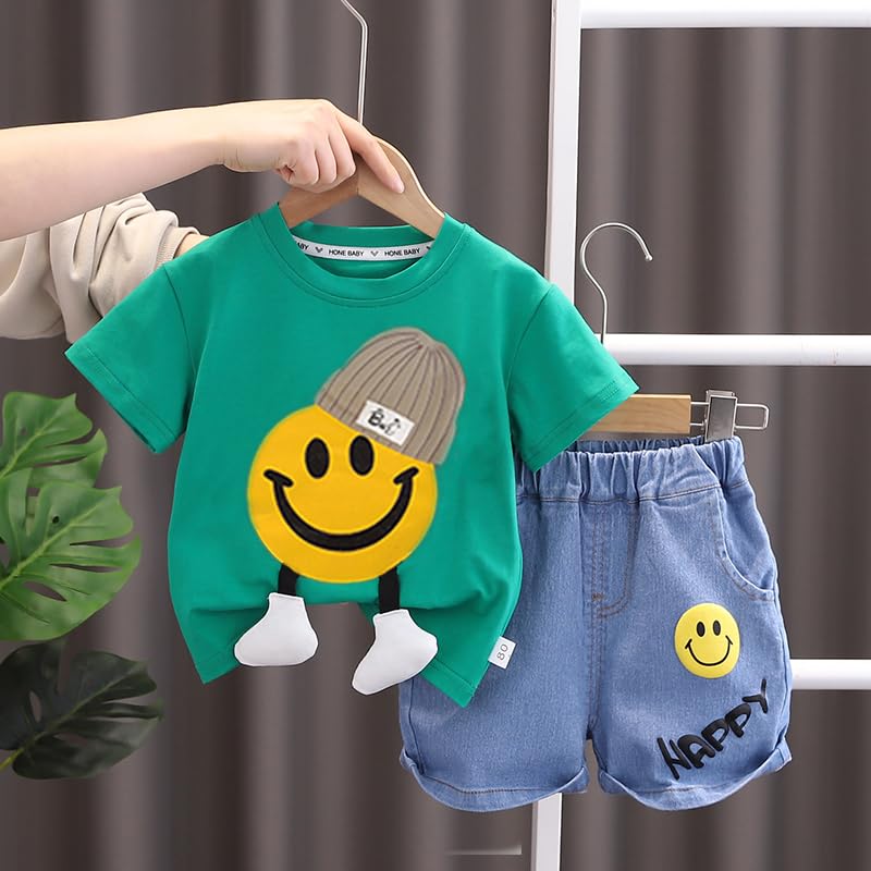 Image of Bold N Elegant Unisex Kid Cotton Solid Playful Happy Face Print Half Sleeve T-Shirt & Denim Shorts Summer Clothing Set