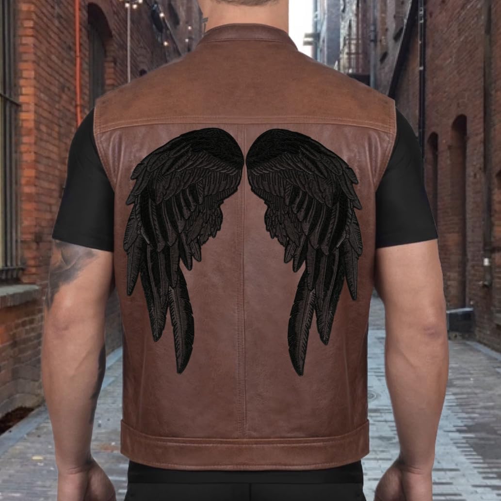 Midnight Black Angel Wings Embroidered Patches 14” | "Saints & Sinners Guardian Angels Realistic Wings and Feathers | Back Patch for Men and Women Iron On Large 2pc. Set - by Nixon Thread Co.