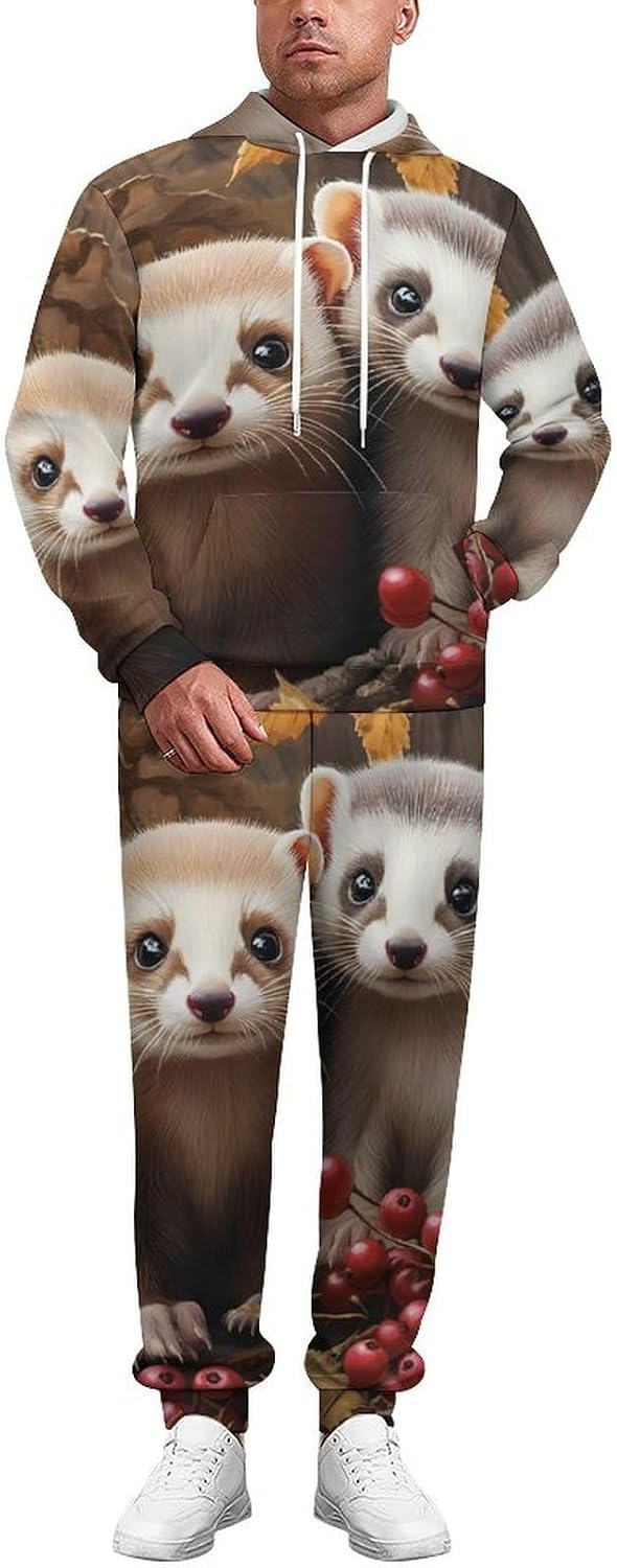 Cute Weasel Men's Hooded Set Casual 2 Pieces Suits Pullover Tracksuit Hoodies And Sweatpants