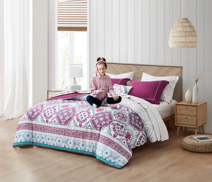 Degrees of Comfort Twin Complete Comforter Sets, Lattice Boho Bed in A Bag,Microfiber Bedding Set with Side Pockets, Matching Decorative Pillow, 6 Piece Purple - Image 3