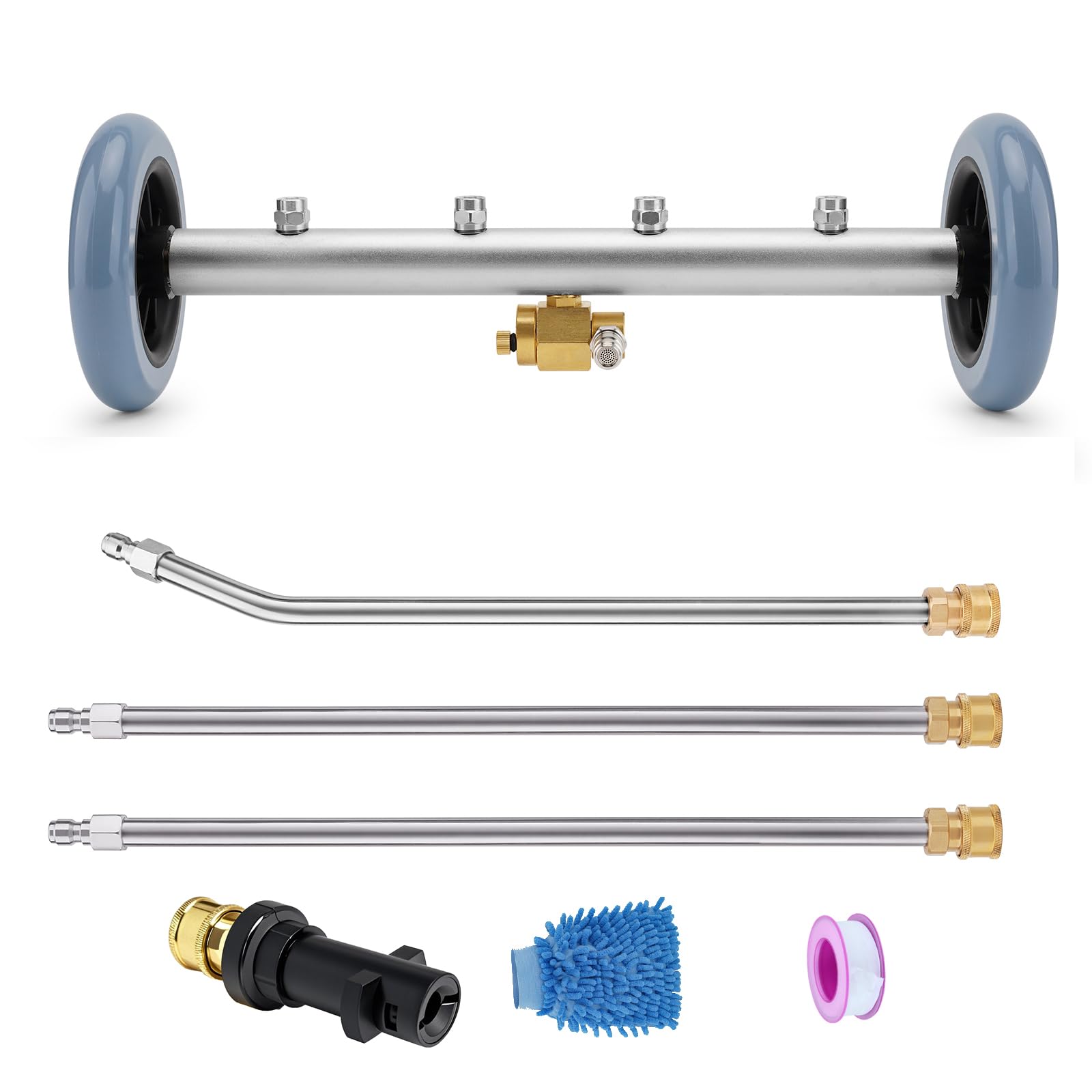 Escoba de agua para lavadora a presión, limpiador de tren de rodaje de doble función con adaptador compatible con Karcher K2 K3 K4 K5 K6 K7, lavadora debajo del coche con 3 varitas de extensión, 4