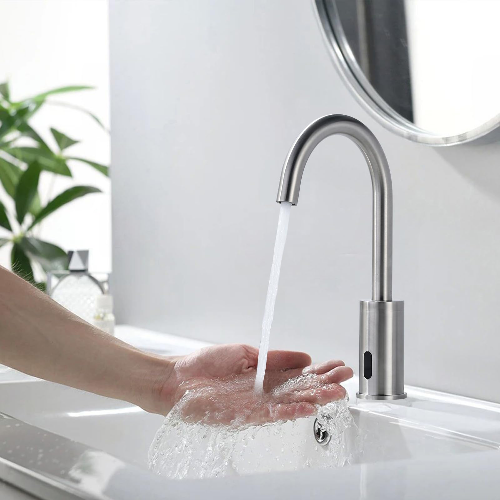 Robinet de Lavabo Sans Contact Automatique à Capteur pour Salle de Bain, Nickel Brossé