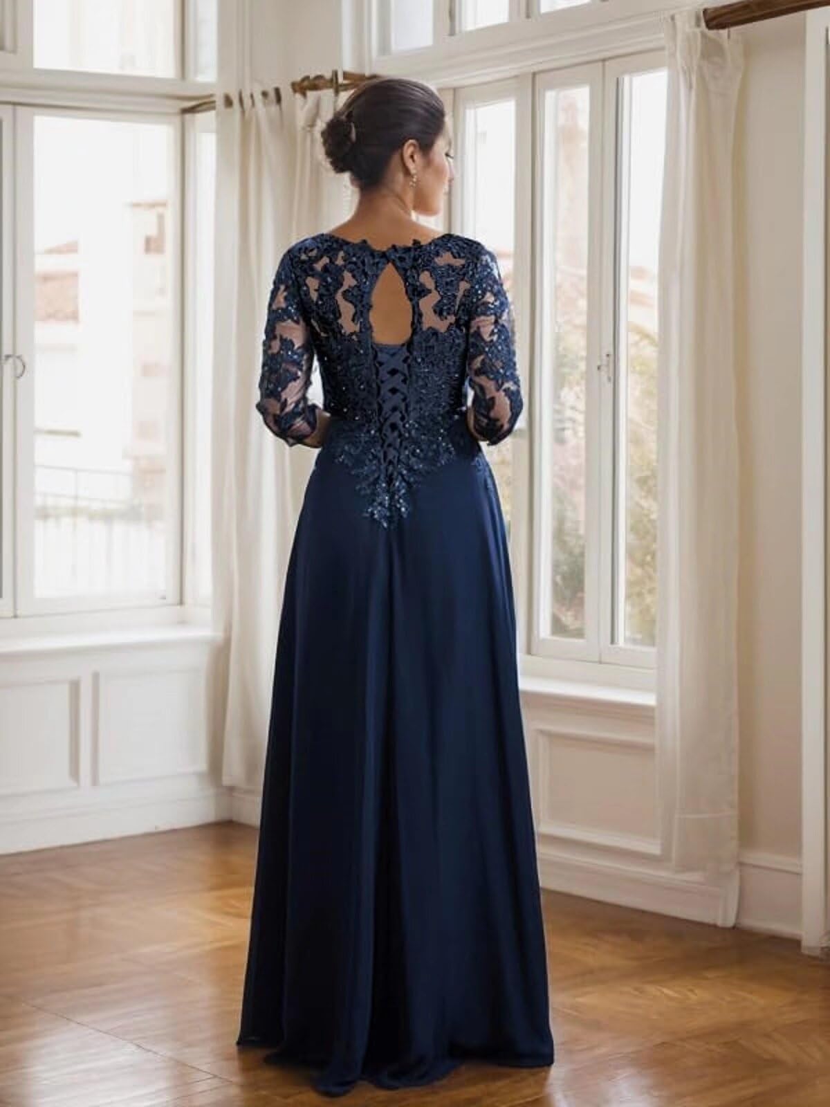 HUINI Mutter der Braut Kleid mit Ärmel Lang Chiffon Elegant Hochzeitsgast Kleid A-Linie