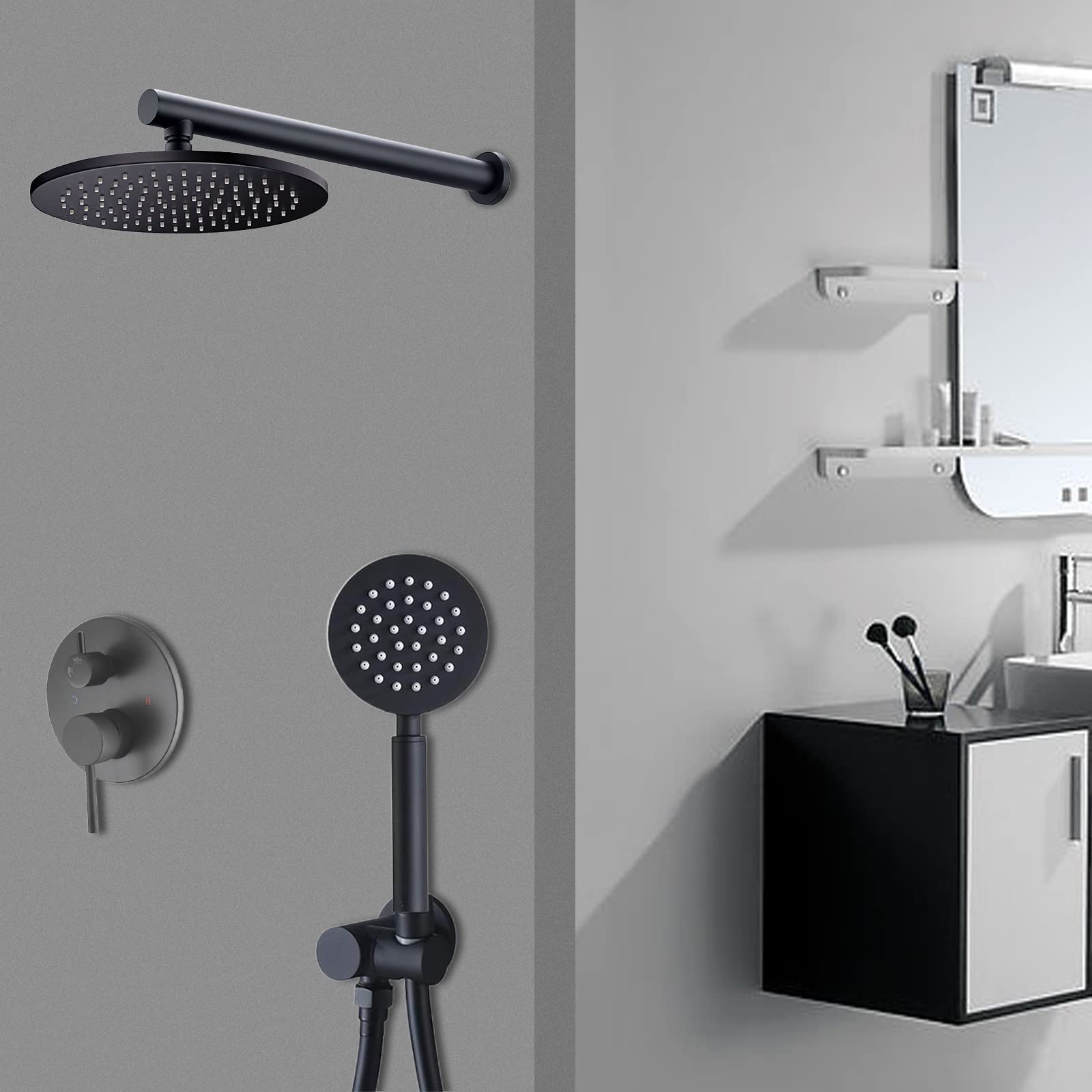 Duschsystem, Unterputz Duscharmatur Set,Duschamaturenset Messing Duschzubehör Keramikventil Regen Duschanlage, Duschset mit Brausekopf, Handbrause für Badezimmer, Badewannen, Schwarz