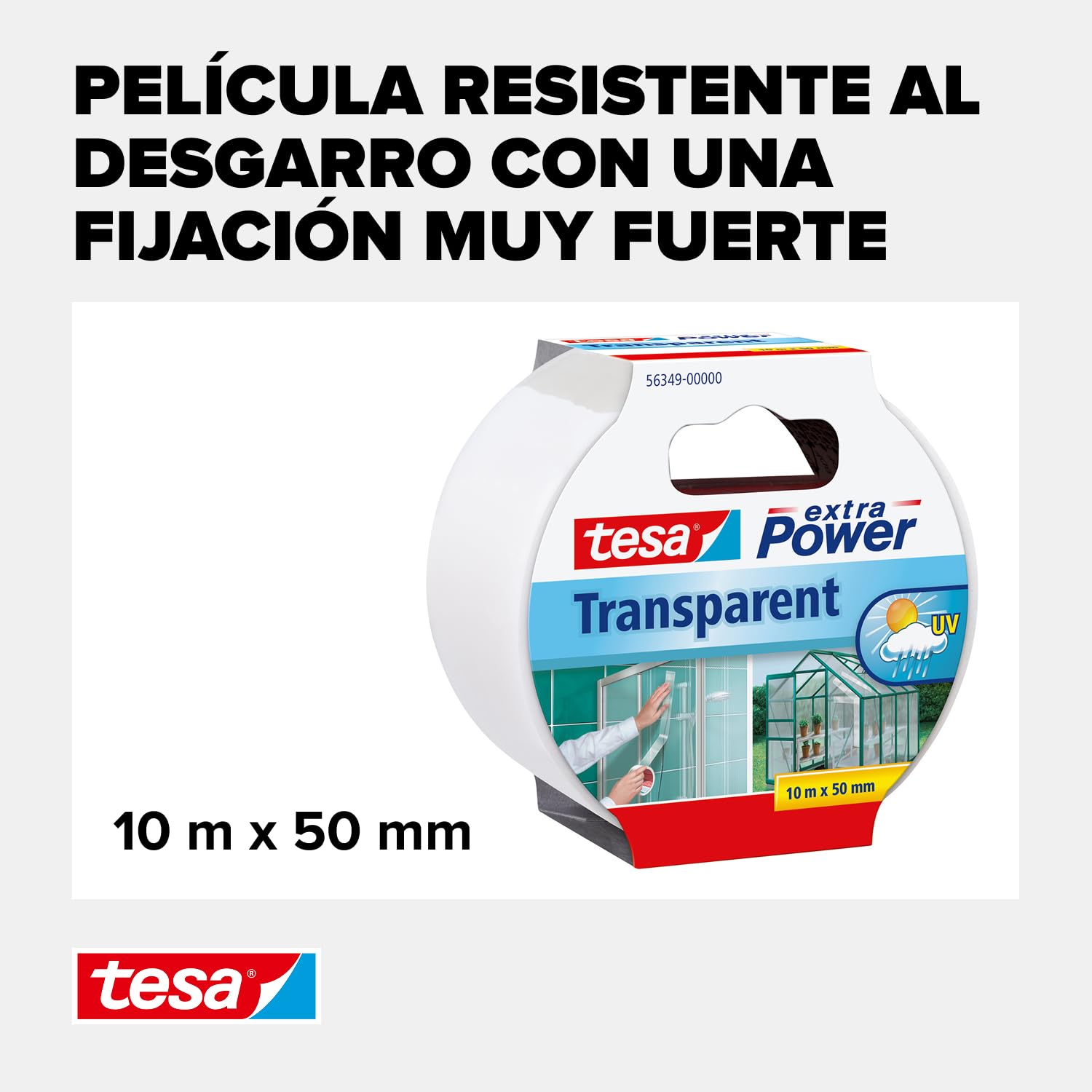 Tesa Extra Power Clear Duct Tape Cinta Impermeable de Reparación Transparente para Exteriores, 10 m x 50 mm