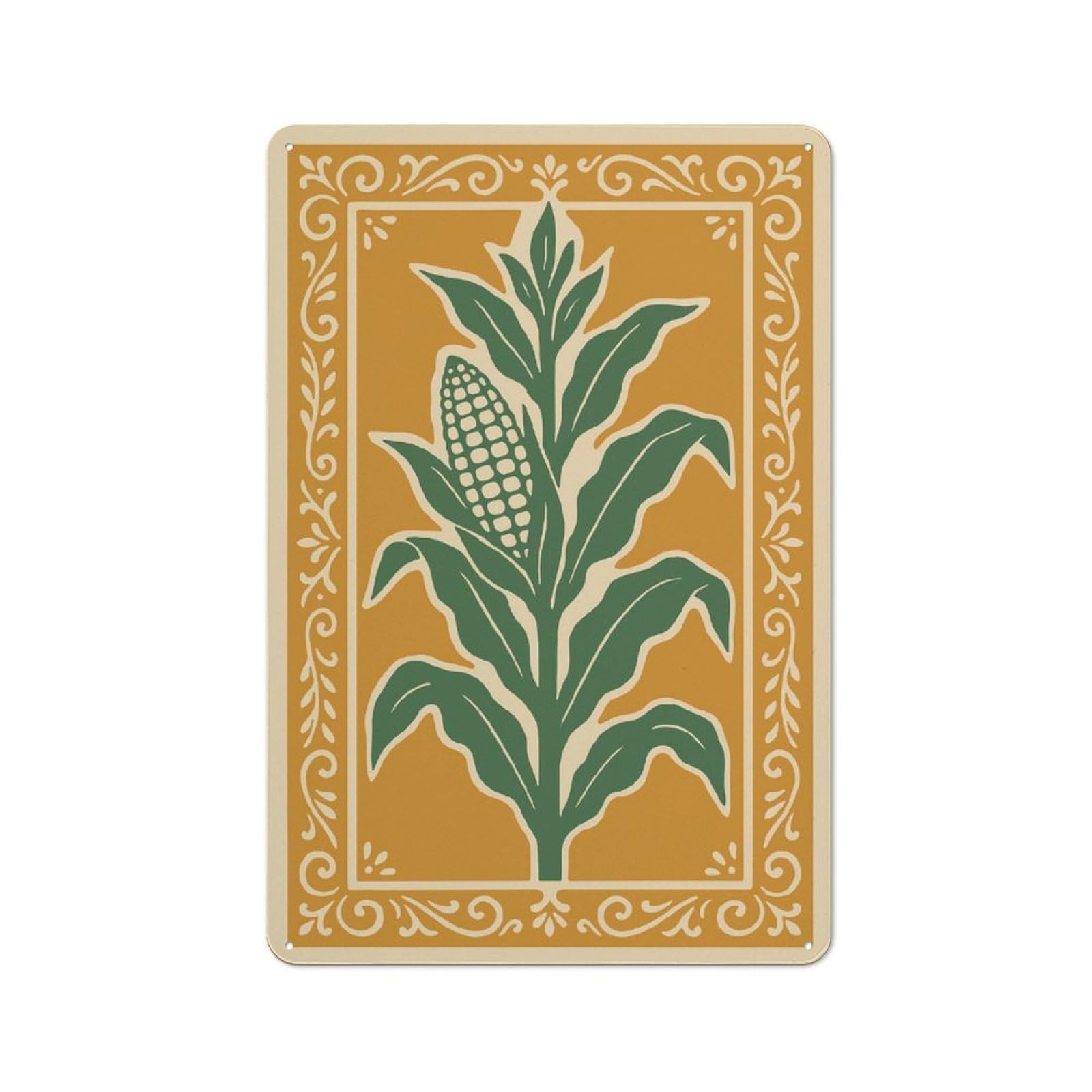 Junmoney Style-8 Metal Sign 30X20cm With Corn Stalk Illustration With Decorative Border For Hallway Wall, Retro Decor, Gift For Hallway Decor Lovers During The Christmas Season