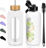 Vista 12 de Botellas de agua de vidrio de 32 oz - Vaso motivacional de 1 litro con marcador de tiempo - Vidrio de borosilicato con funda de silicona y 2 tapas