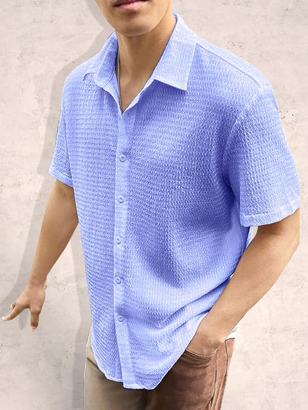 Image of Pinkmint Popcorn Shirt for Men Soild Slim Fit Sleeve Spread Collar Trendy Men Shirt Summer Wear Goa Wear Olive