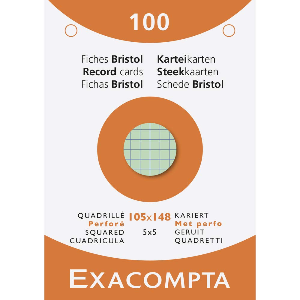 Exacompta - Réf. 13659E - Étui de 100 fiches bristol quadrillées 5x5 perforées - format 105 x 148 mm - compatibles avec imprimante jet d'encre, laser et photocopieur - couleurs assorties