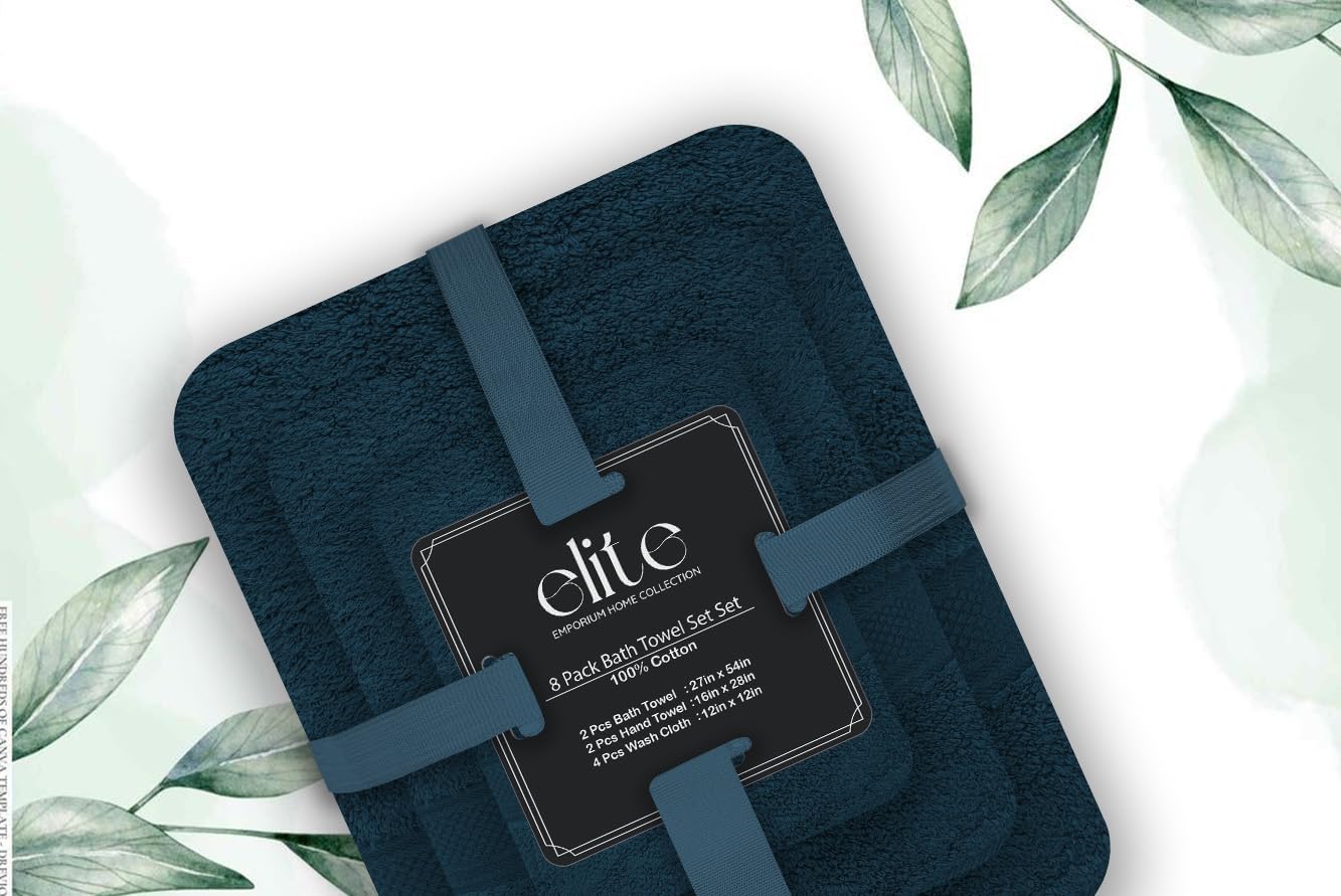 ELITE 8-Piece Zero Twist Cotton Bath Towel Set – 100% Cotton Luxury Towels – Ultra Soft, Fluffy & Absorbent – Quick Dry, Durable & Fade Resistant – Spa Quality Bath, Hand & Washcloth Set (Navy Blue)