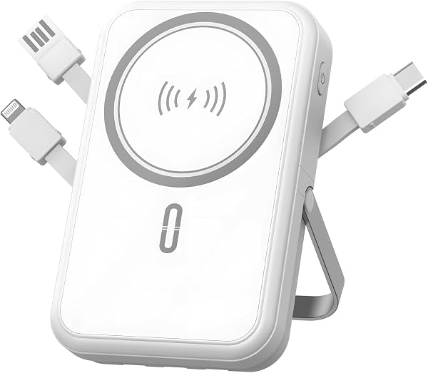 Power Bank 10000mAh Compatible con MagSafe, Cargador Portátil Magnético con Pantalla Digital, Carga Inalámbrica Rápida de 15W, 3 Cables Integrados Compatibles con iPhone Serie 17/16/15/14/13/12 (Blanco)