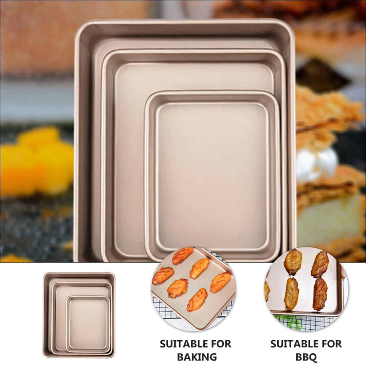 TOYANDONA 3 Stück Rechteckiger Ofen Backformen aus Kohlenstoffstahl Goldene Auflaufformen Einfache Handhabung zum Backen und Picknick