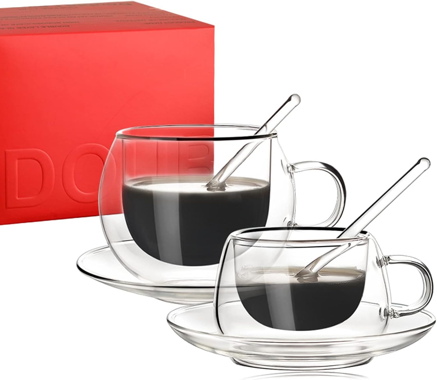 Glass Espresso Cups with Saucers and Spoons Set of 2, 5.07/8.45 oz Double Wall Insulated Glass Coffee/Tea Cups Drinking Demitasse Mugs for Cappuccino Latte Tea and More Beverage