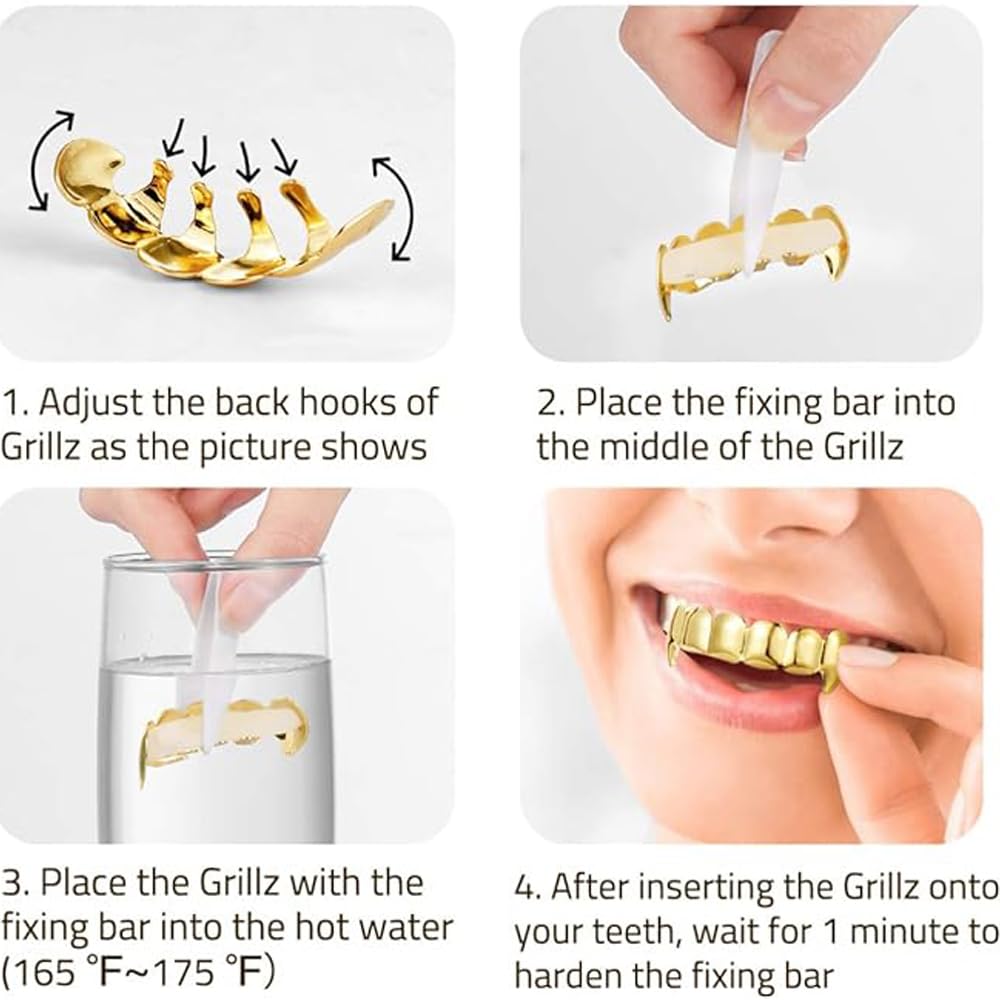 SSyang Hip Hop Teeth Grills for Mouth Braces Decoration with 2 Silicone Moldings Hip Hop Teeth Grills for Mouth Top Bottom Music Festival Party Hip Hop Rapper Decorations Fangs(Gold) - Image 4