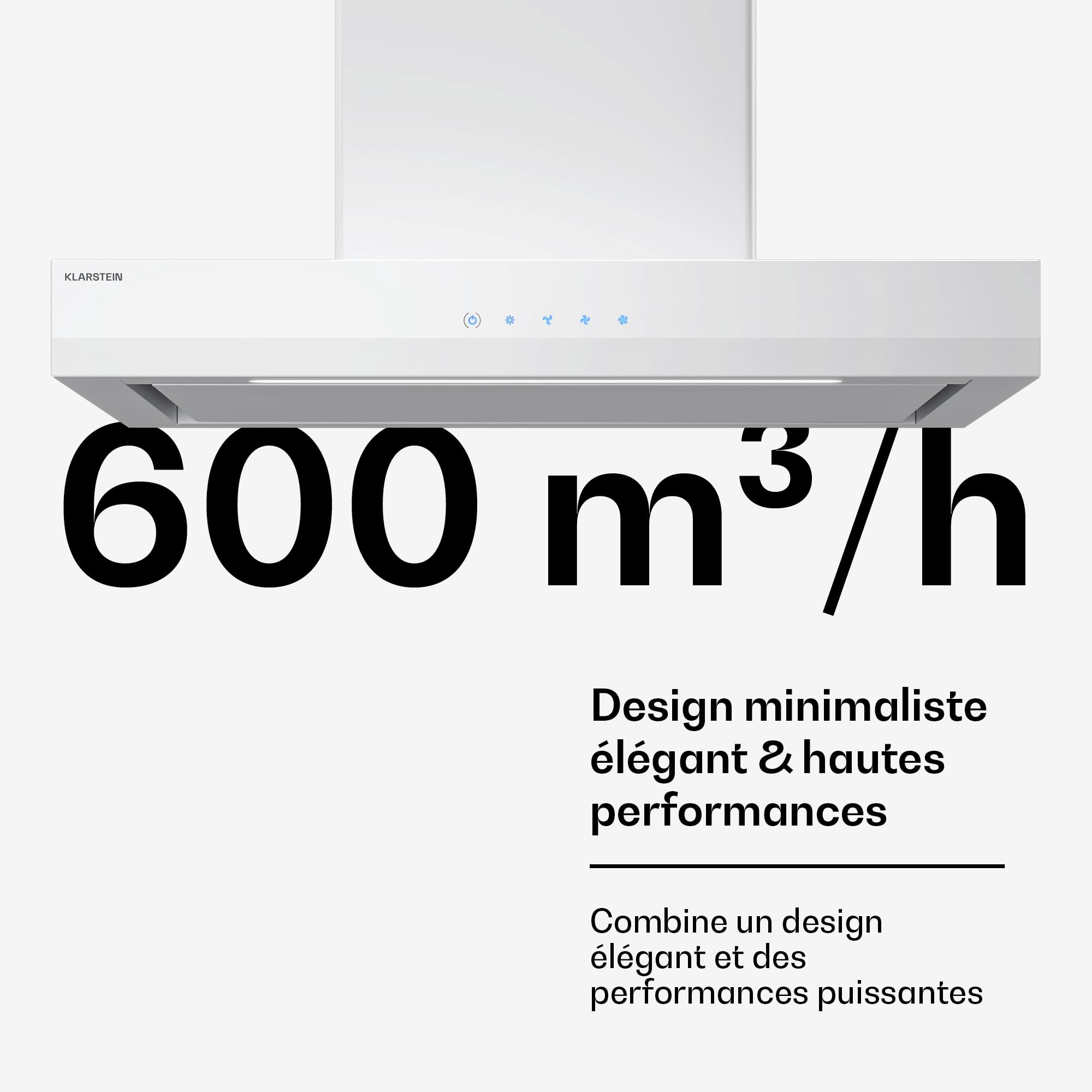 Klarstein Velaire Hotte Aspirante 60 cm - Hotte Murale Silencieuse, 600 m³/h, A++, Commandes Tactiles, LED, Filtre Charbon, 3 Vitesses, Cuisine Moderne, Blanc
