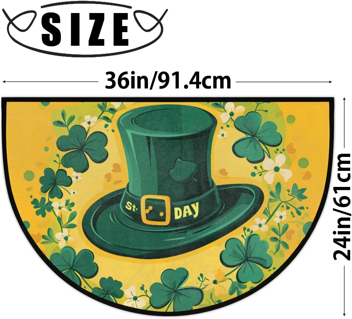 Half Round Door Mat Hat Shamrock St. Patrick's Day Non-Slip Semi Circle Area Rug Washable Semi Circle Floor Rug for Indoor Outdoor Living Room Bathroom Kitchen Patio Hearth Rugs Home Decoration