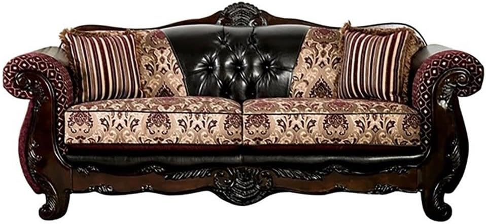 BOWERY HILL Traditional Faux Leather Tufted Sofa, Burgundy and Dark Brown Finish, 93" W x 38" D x 42" H, Chenille and Solid Wood, Floral Carved Frame, Button Tufted, Elegant Living Room Seating