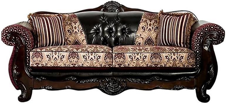 Furniture of America Eli Faux Leather Tufted Sofa in Burgundy and Dark Brown