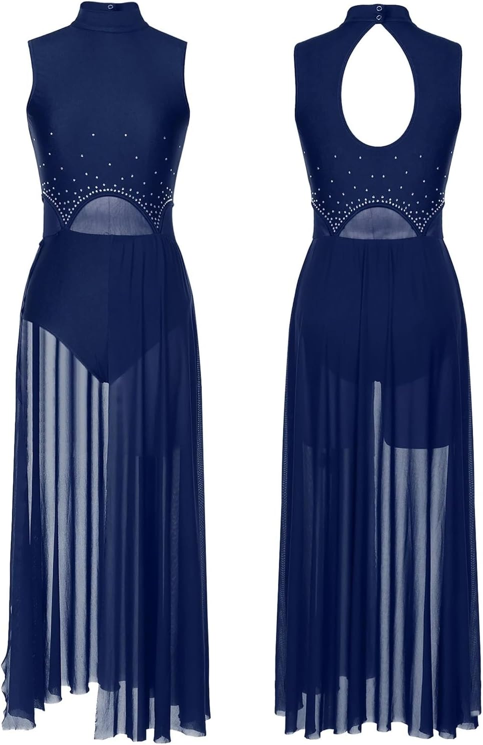 Women Modern Lyrical Dance Dress Rhinestone Leotard Long Dress for Ballet Gymnastics 55