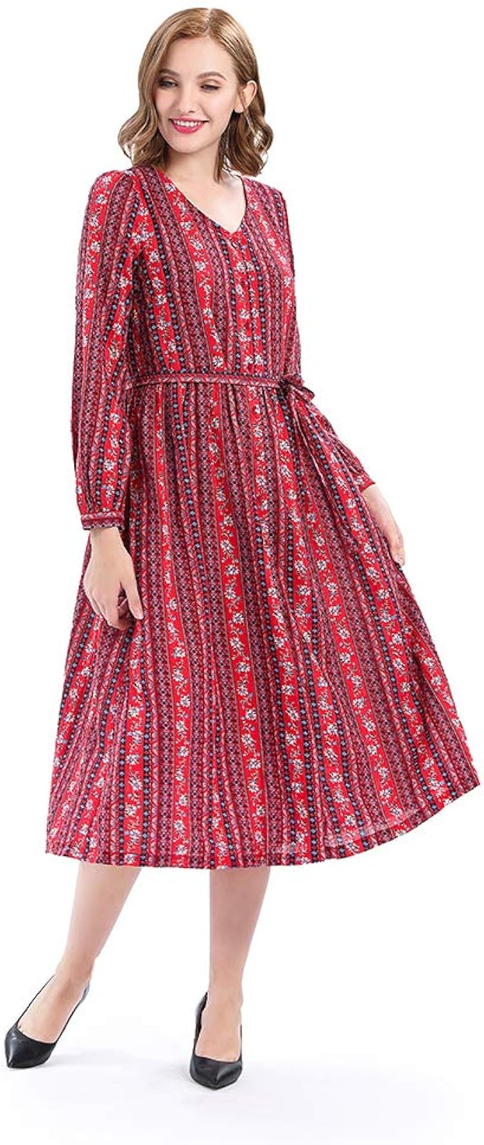 Amazon Co Jp Buykud ワンピース レディース ロング丈 シャツワンピ 羽織り ガウン ウエスト糸付き Vネック 長袖 花柄 大きいサイズ ゆったり 韓国ファション 秋冬 レッド Xl 服 ファッション小物