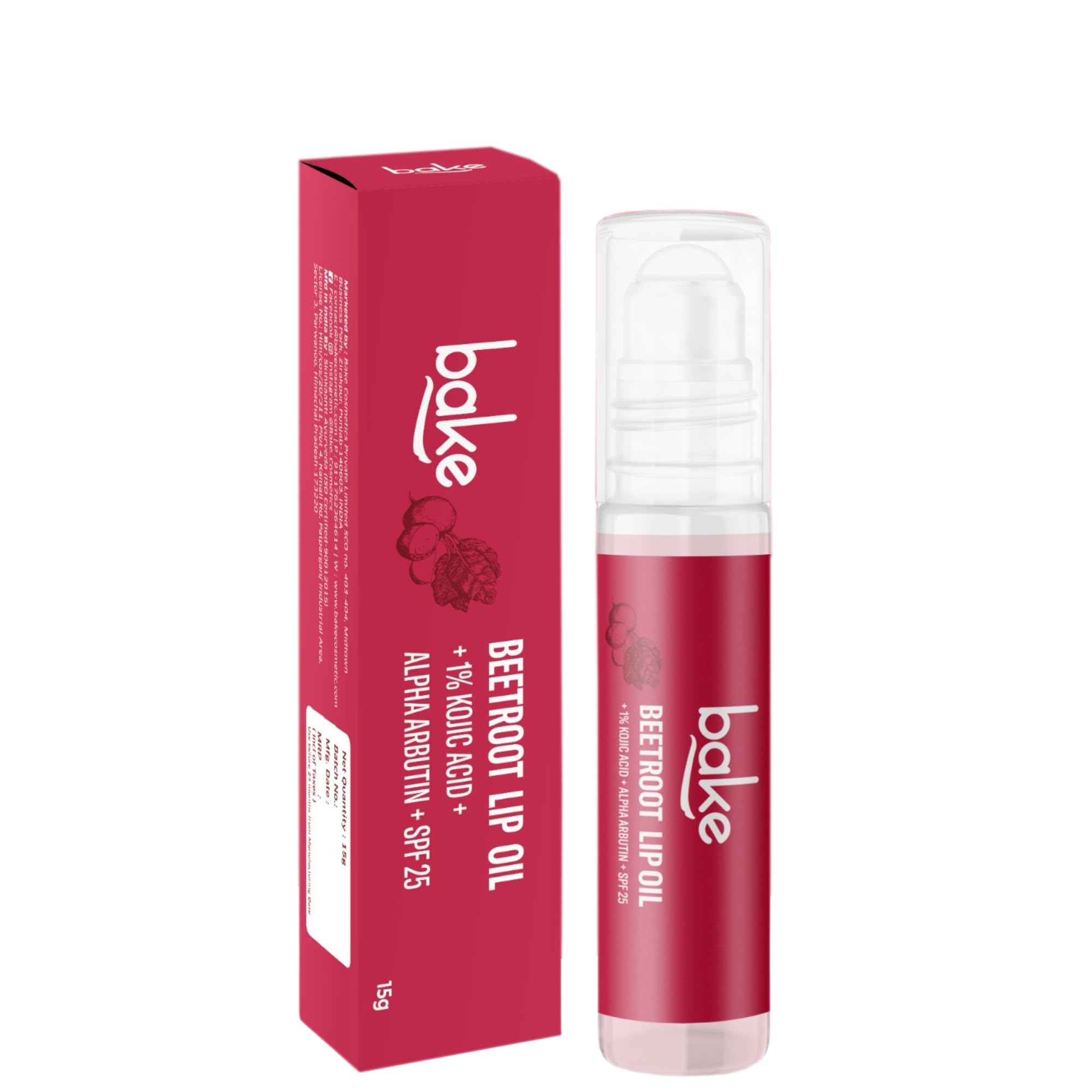 BAKE 1% Kojic Acid Beetroot Tinted Lip Balm Oil with SPF 25, Pigmentation & Dark Lips Beetroot (15 g)