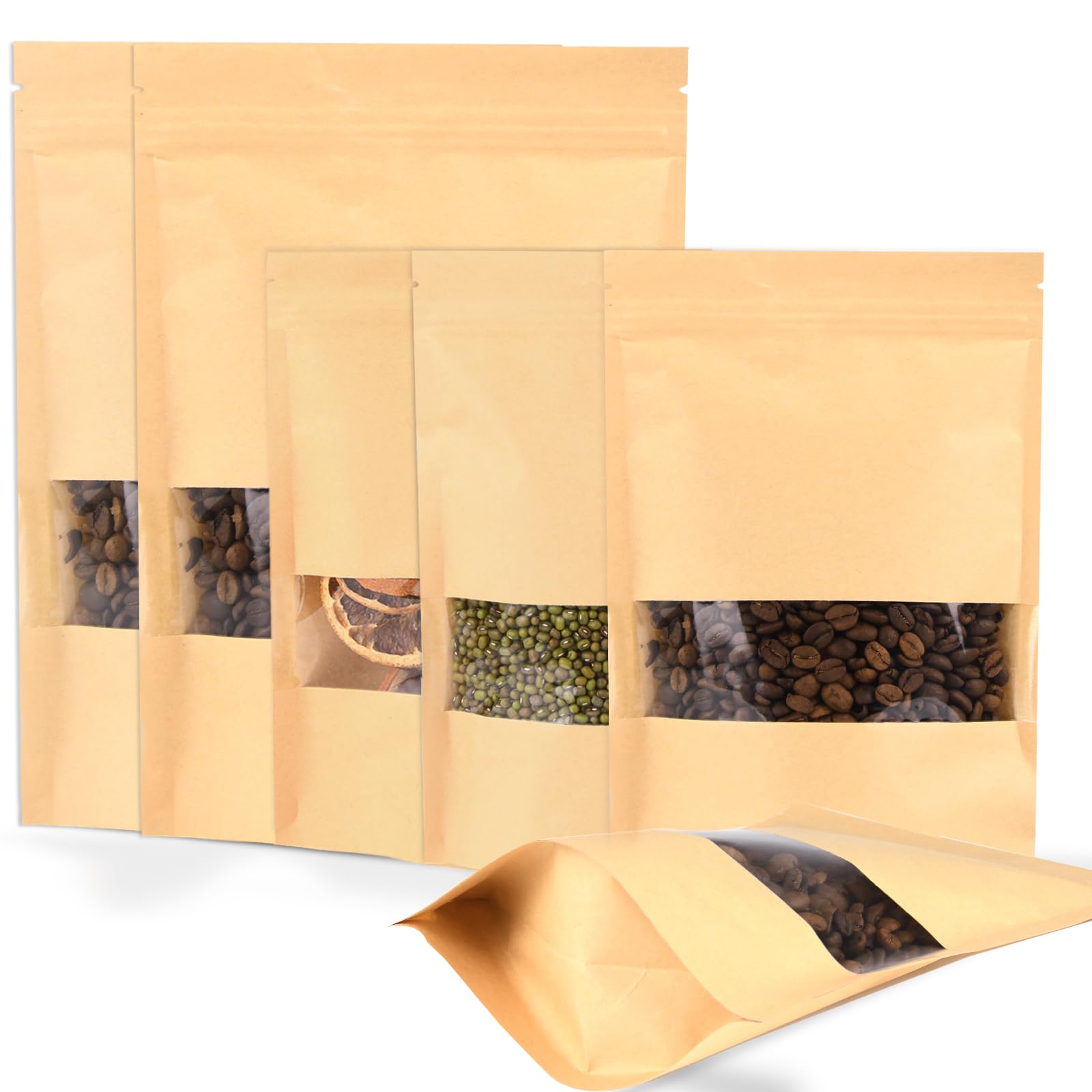 Sachet Kraft Alimentaire Avec Fenetre 200 Pièces, Sachet Zip Réutilisables Pour Les Graines et Les Noix