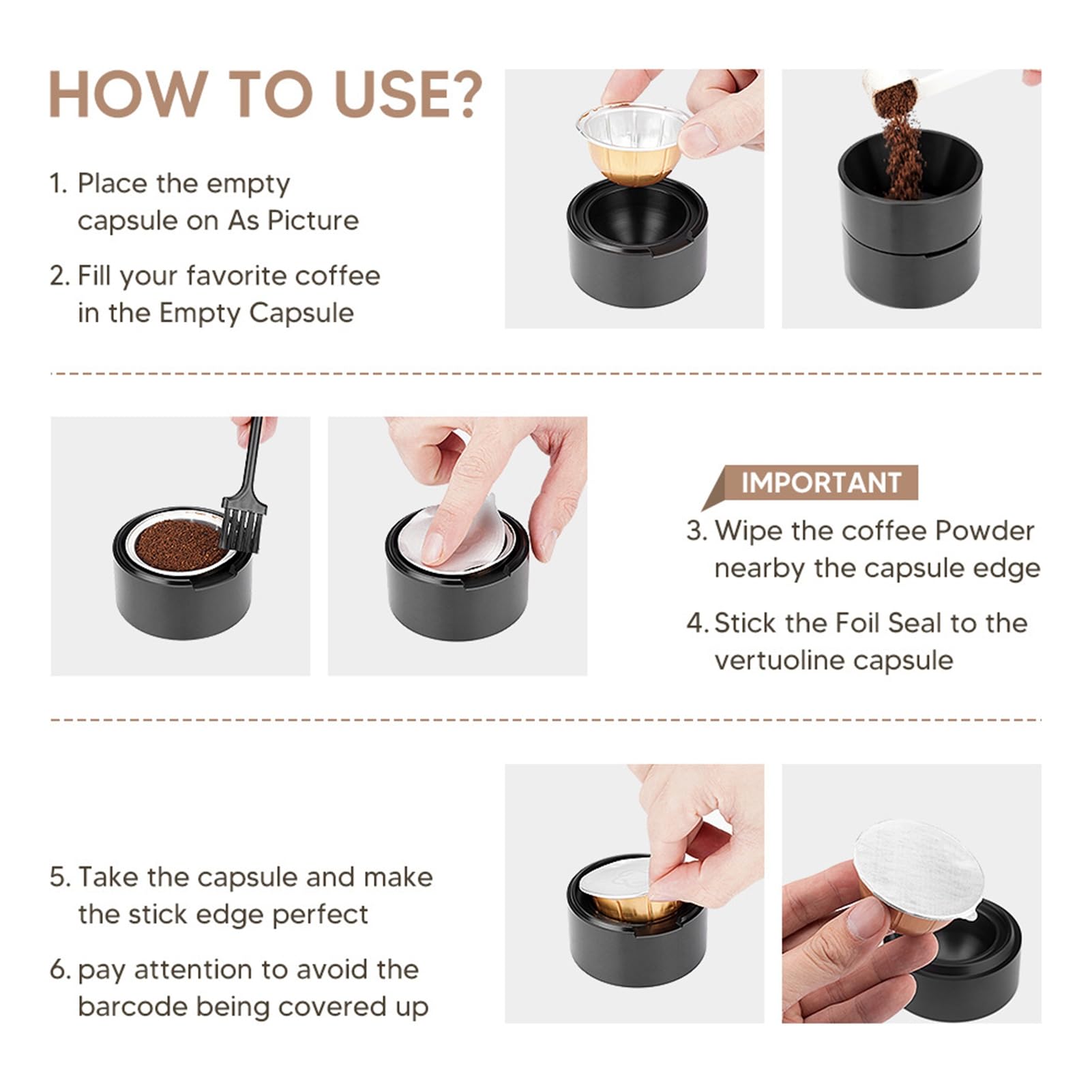 Dispositivo de llenado de cápsulas de café para cápsulas de café Nespresso Vertuo, kit de llenado de cápsulas, tapa fácil de quitar, cápsulas Nespresso Vertuo, prensa, recargable, soporte
