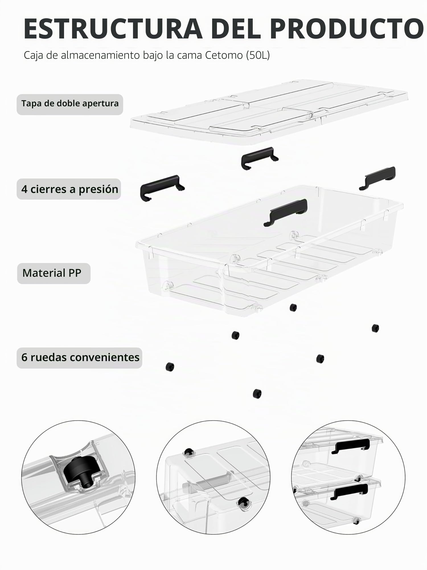 Cetomo 50L*4 Cajas de Almacenamiento con Ruedas, Contenedor bajo La Cama con Tapas de Doble Apertura, Caja Organizaora Plana y Duradera para el Dormitorio, Apilables, Transparencia, 50L-Unidad de 4