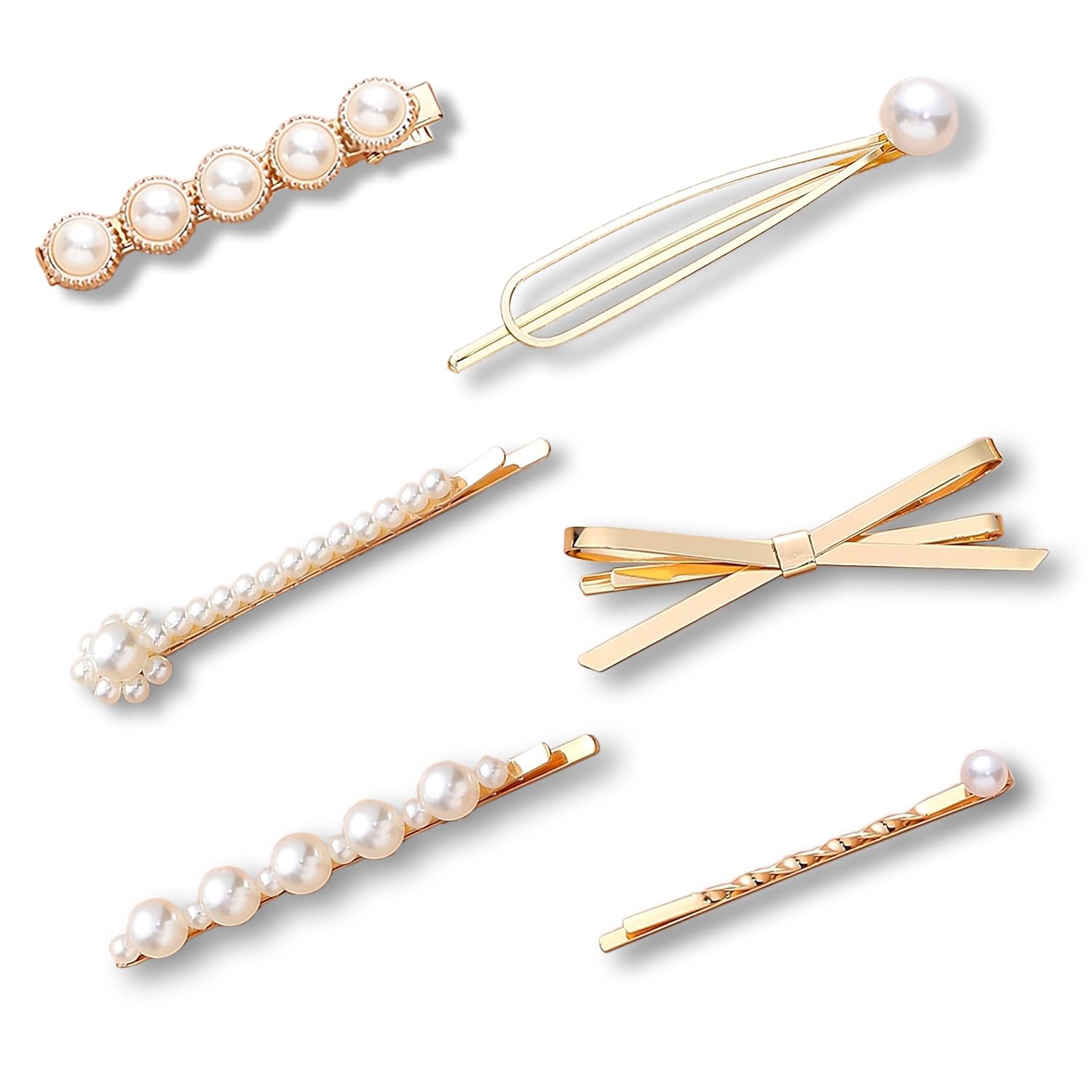 6 Pack Gold pearl bobby pins Women Girls Valentines Mother’s Day Hair Clip Barrettes Decorative accessories Bridal Wedding Birthday Prom Xmas holiday Party Gift (A)