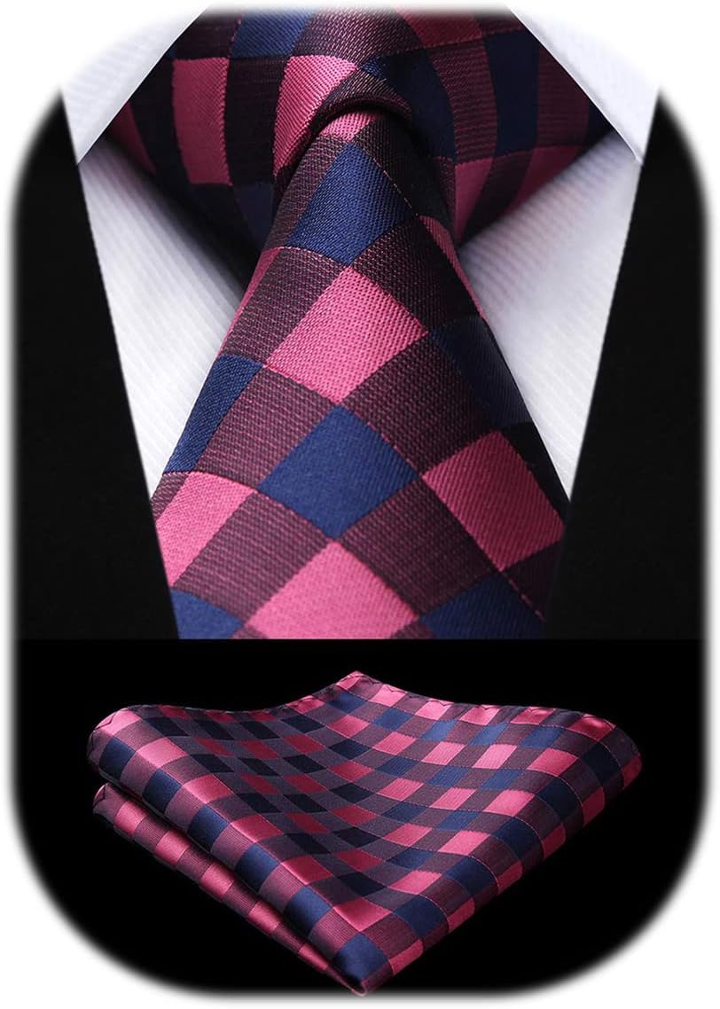 HISDERN Ties for Men Plaid Checkered Tie with Pocket Square Woven Business Formal Necktie Handkerchief Set Wedding Party