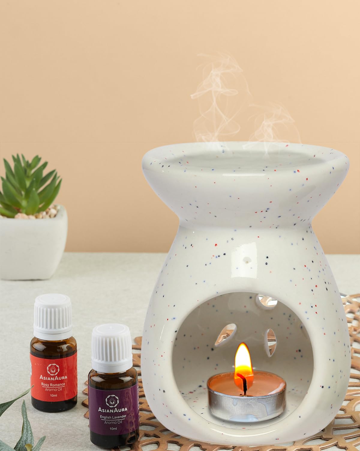 Asian Aura Aroma Ceramic Candle Diffuser with 2 10 ml Aroma Oil Fragrance - Rosy Romance & English Lavender 1 Tea Light Candle|Aromatherapy/Yoga/Meditation/Home/Office | White Diffuser Pot
