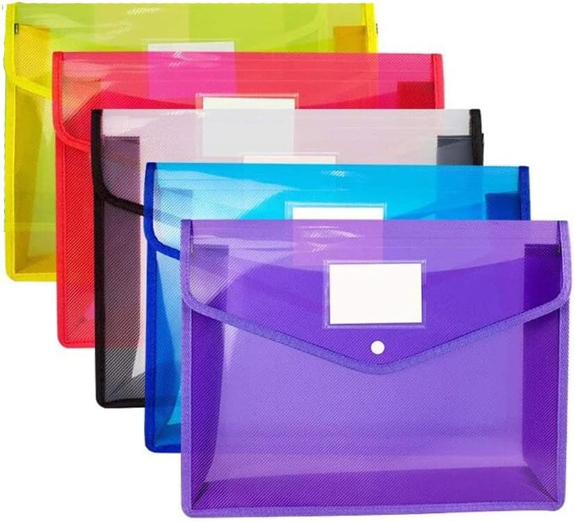 Universal Buyer A4 Plastic File Envelope Expanding File Folder Document Organizer with Snap Closure & Transparent Label Pocket Waterproof File Bag for School & Offices (Pack of 5 - Color May Vary)