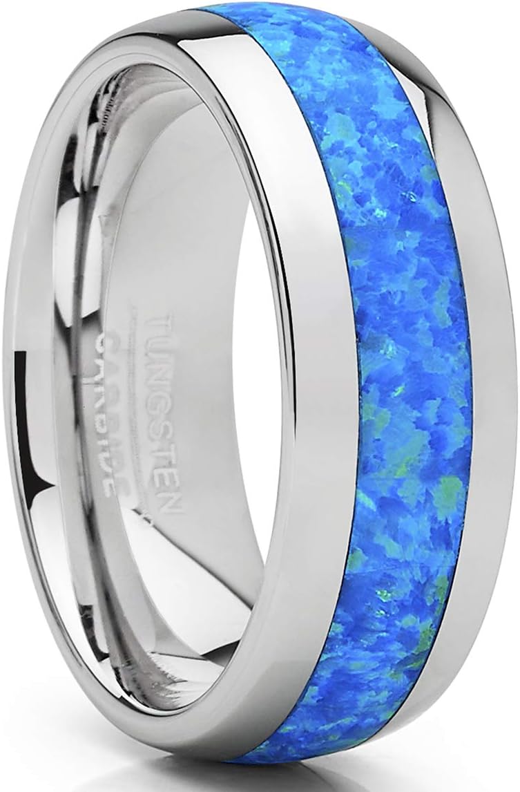 Metal Masters Co. Tungsten Carbide Wedding Band Dome Ring with Blue Green Simulated Opal Inlay 8mm