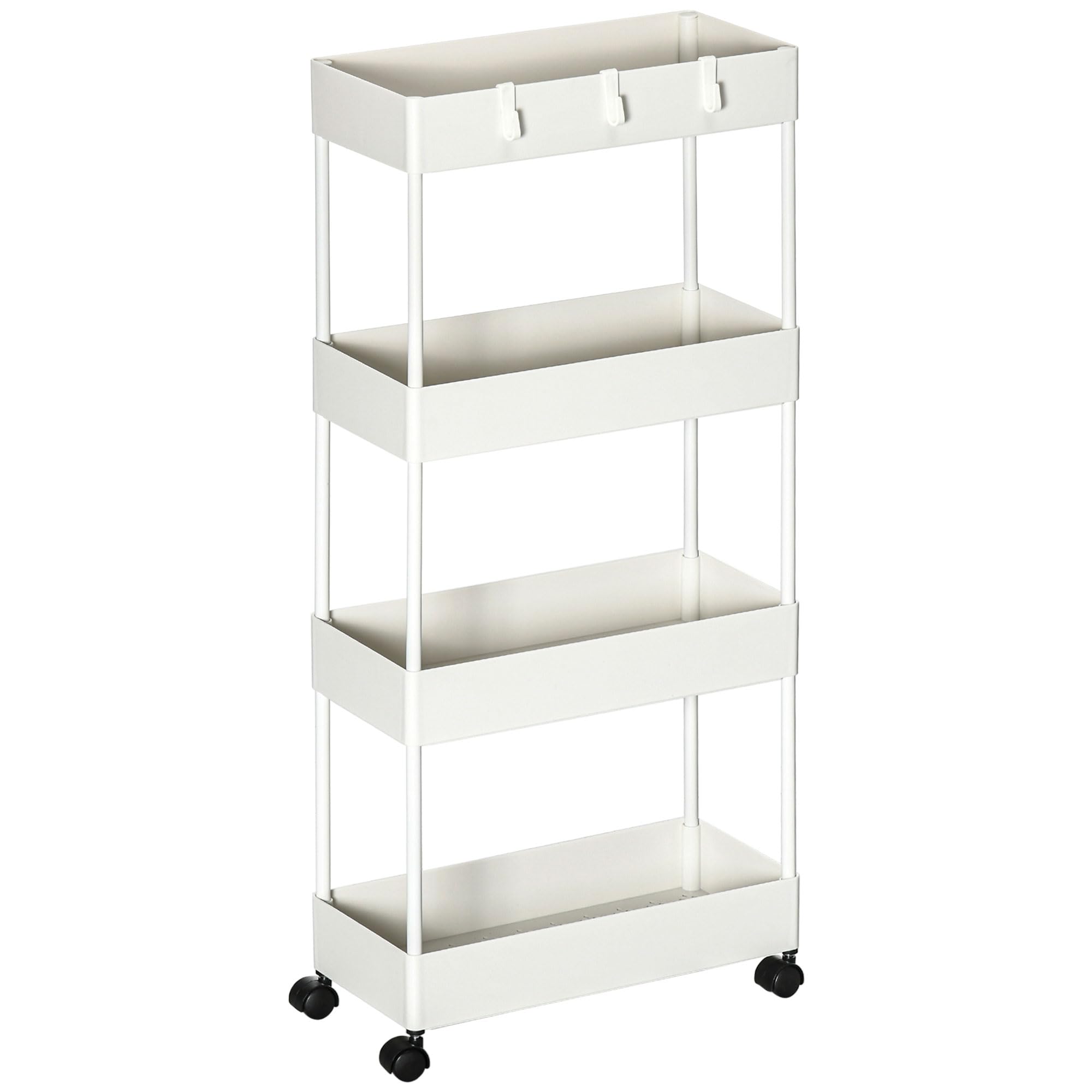 HOMCOM Chariot de cuisine à 4 niveaux, étagère de rangement avec roulettes, chariot de service avec freins, étagère de cuisine pour chambre à coucher, cuisine, salon, plastique, blanc, 40 x 19 x 90 cm