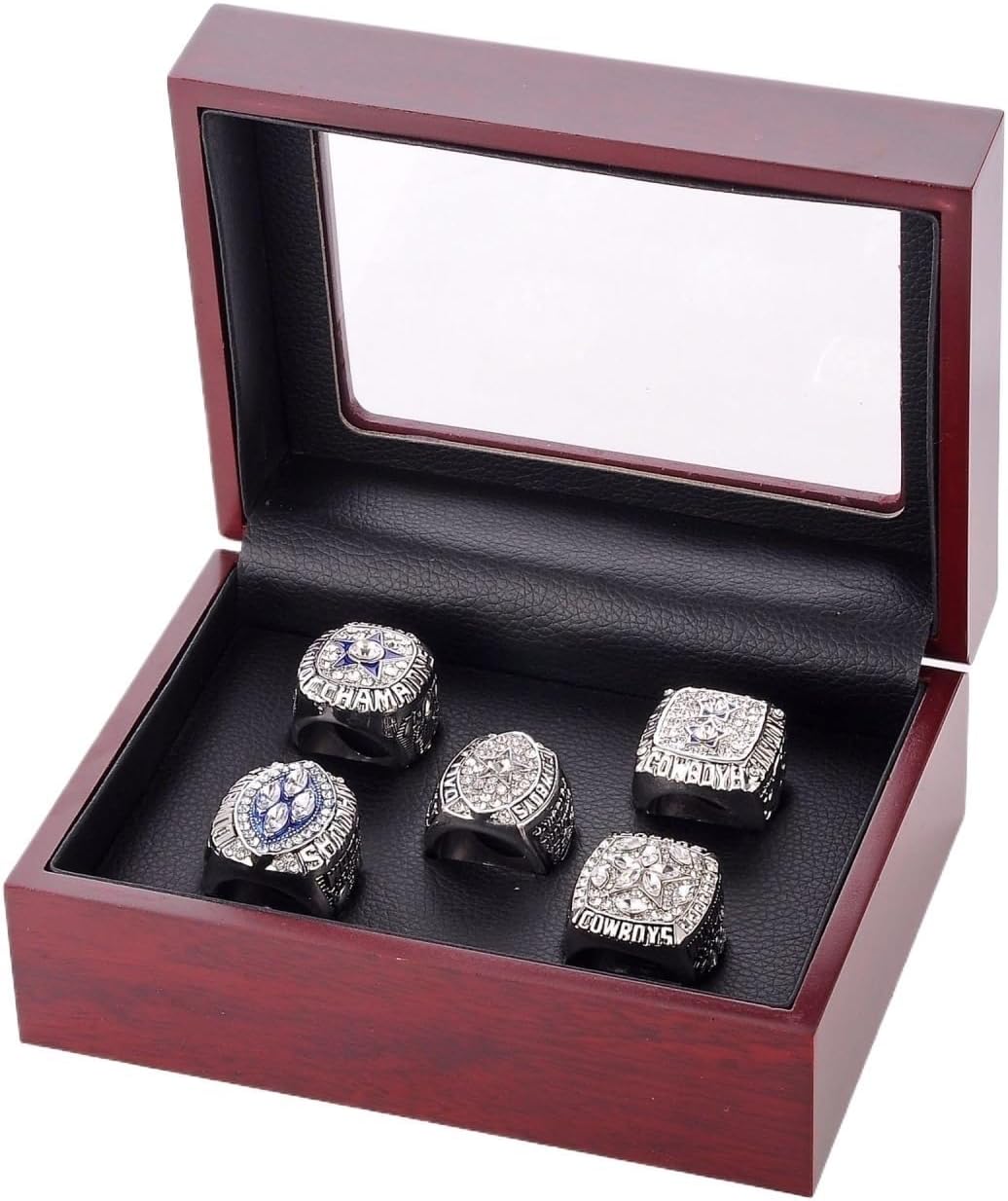 5PCS Fantasy Football Rings 71 77 92 93 95 Championship Rings Collection Championship Trophy Gift Box Ring Display Box