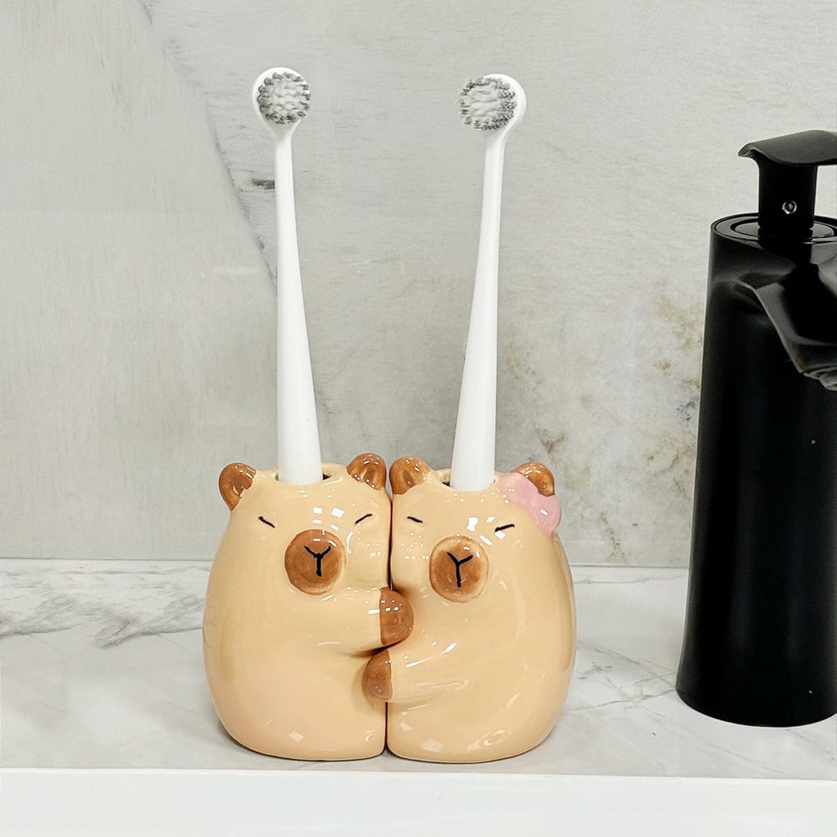 Ceramic Toothbrush Holder for Bathroom, Set of 2 Cute Capybara Shape