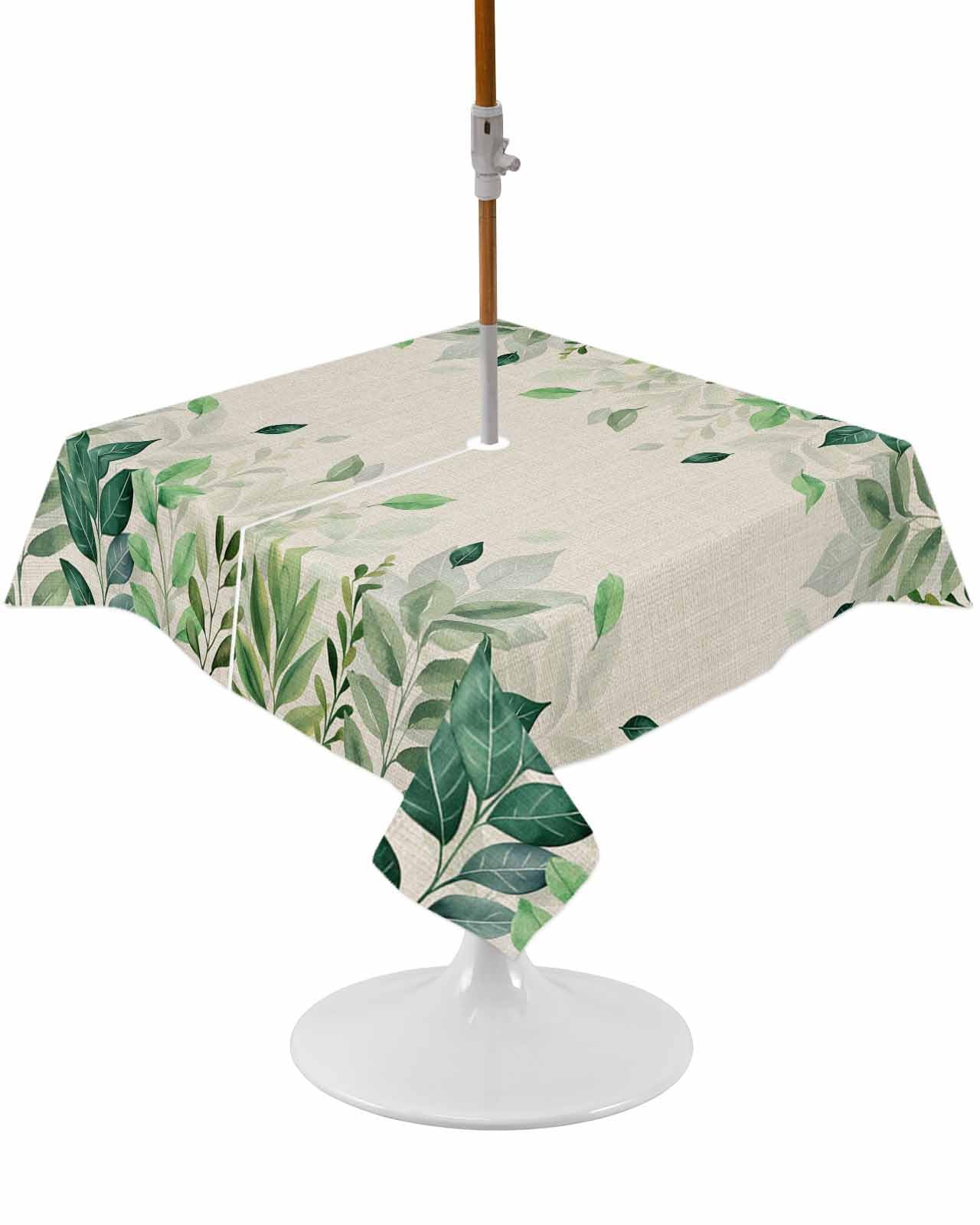 Outdoor Square Tablecloth with Umbrella Hole and Zipper, Light Green Botanical Waterproof Table Cover, Rustic Eucalyptus Leaves Burlap Washable Patio