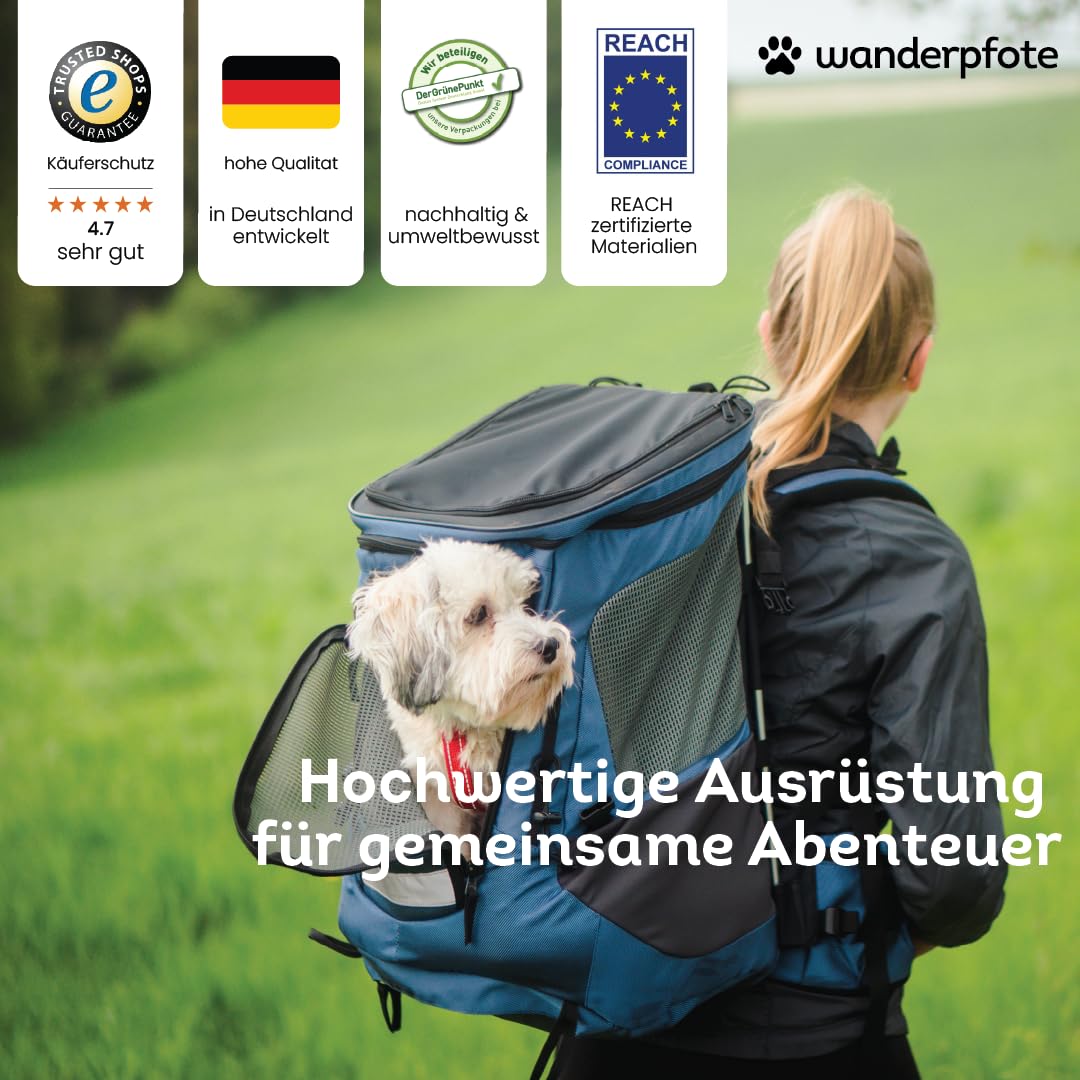 Hunderucksack bis 12kg - Modell Daypack, Größe M, Blau - Premium Rucksack für kleine bis mittelgroße Hunde mit Höhenverstellbarem Tragesystem und viel Raum für den Hund