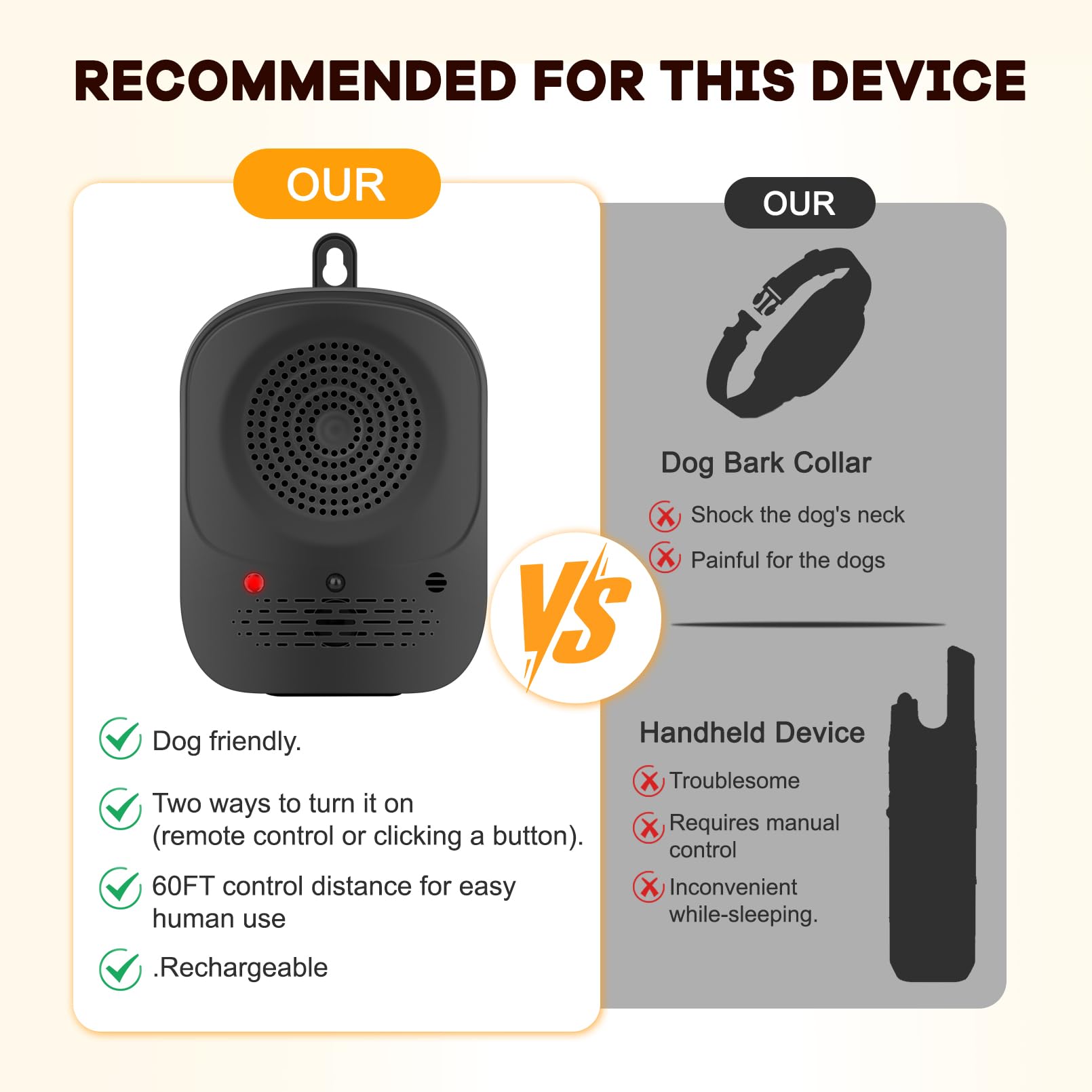 Rechargeable Anti Barking Device for Dog Ultrasonic Dog Bark Control Device Waterproof 60ft Remote Range Adjustable Frequency 4 Modes Device Effective Anti-Barking Solution for Indoor & Outdoor Use 3