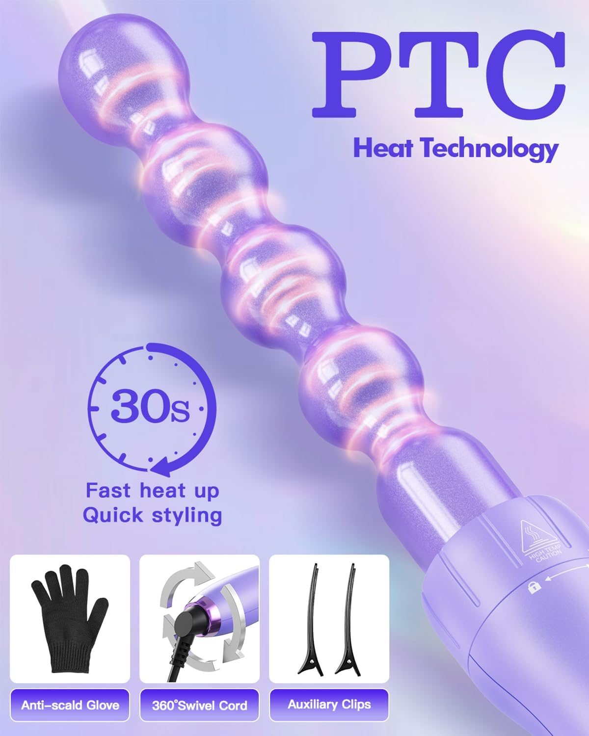 5 in 1 Curling Wand Set (0.35"-1.25") with 3 Barrel Hair Crimper, Bubble Curling Wand and 3 Ceramic Barrels, Curling Iron 1 inch Crimper Hair Tool Waver with Two Temp Control, Gifts for Women, Purple