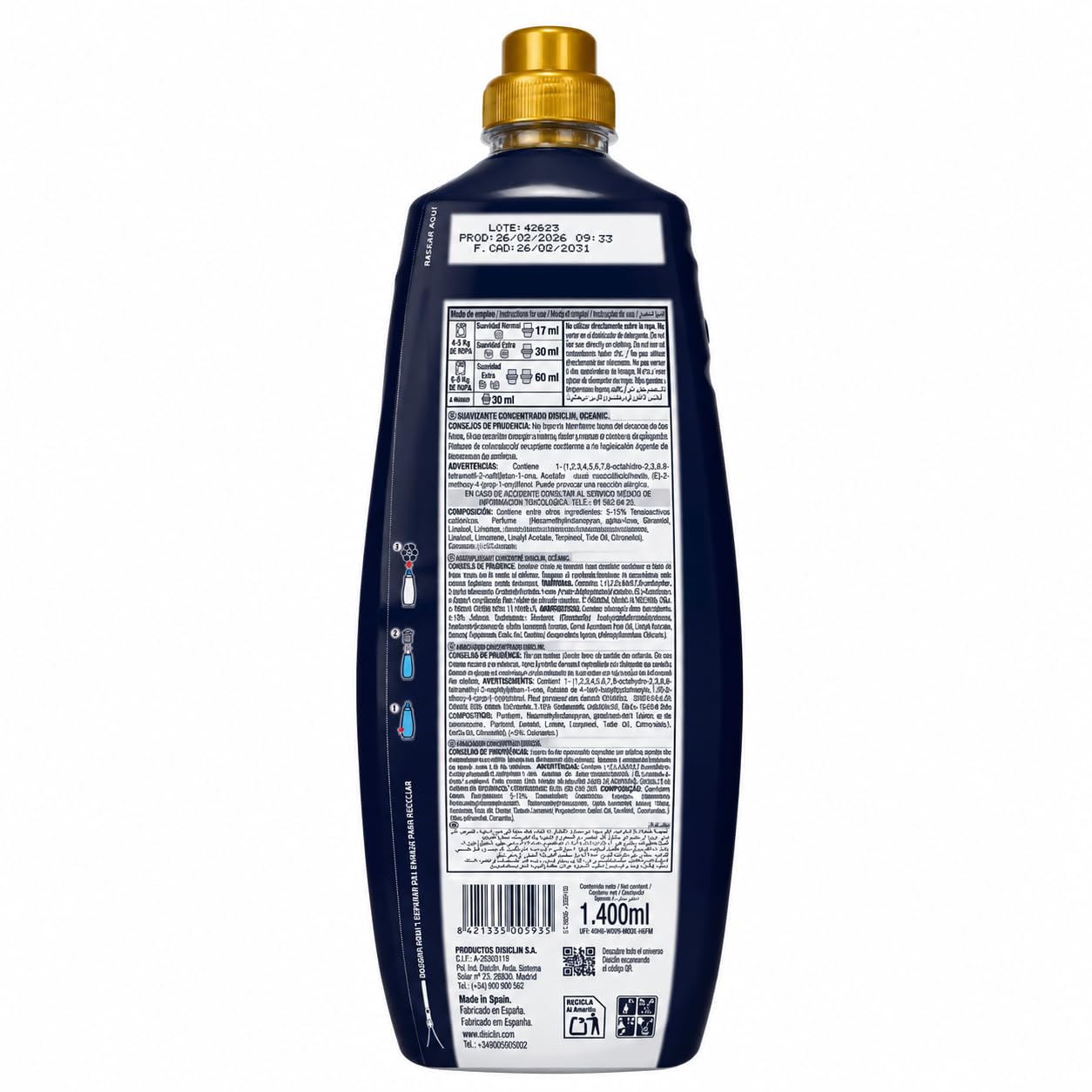 Suavizante Disclin Concentrado Oceanic 1,4L | Pack 10 Unidades | 800 Lavados | Aroma Fresco Duradero | Con Microcápsulas de Fragancia | Formato Ahorro 14L | RASMACOR