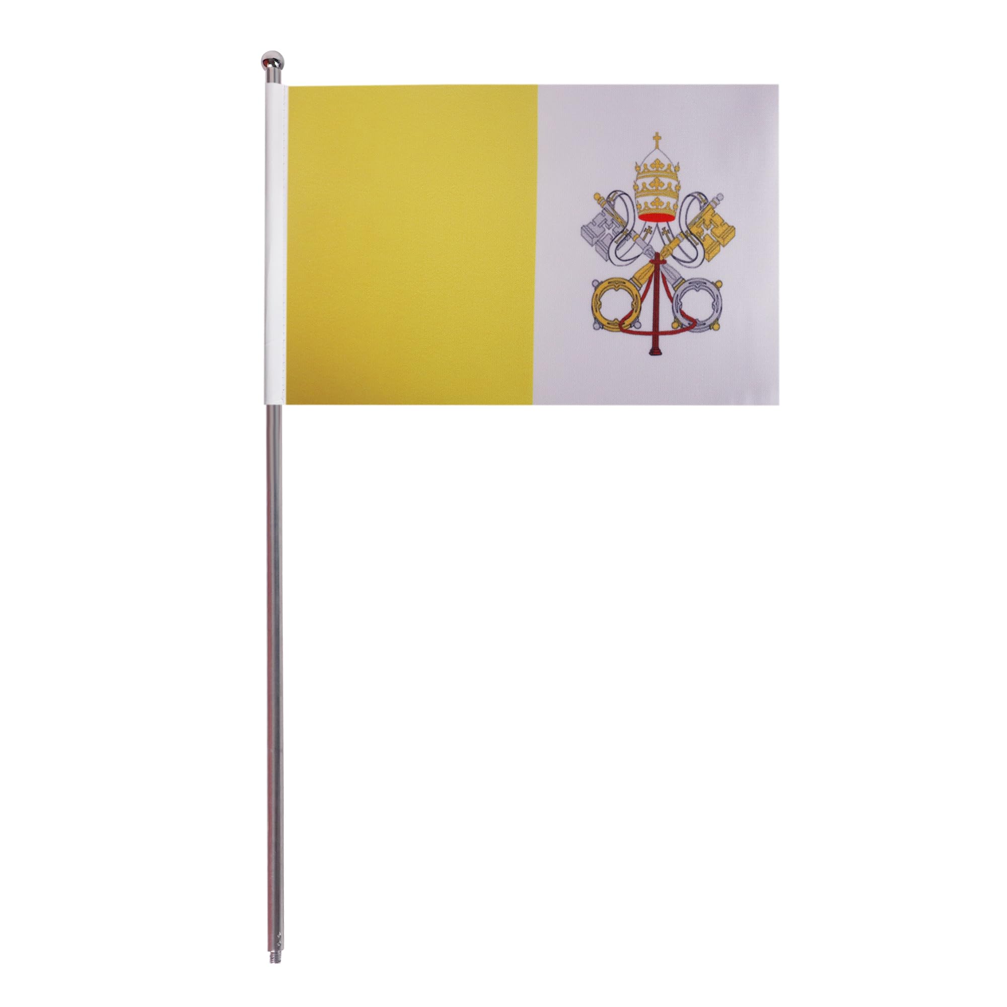 AZ FLAG Drapeau de Table Vatican 22x15 cm Drapeau Vatican Satin Socle Métal | Usage intérieur Drapeau de bureau Città del Vaticano finition cousue et bords renforcés avec mât et socle métallique