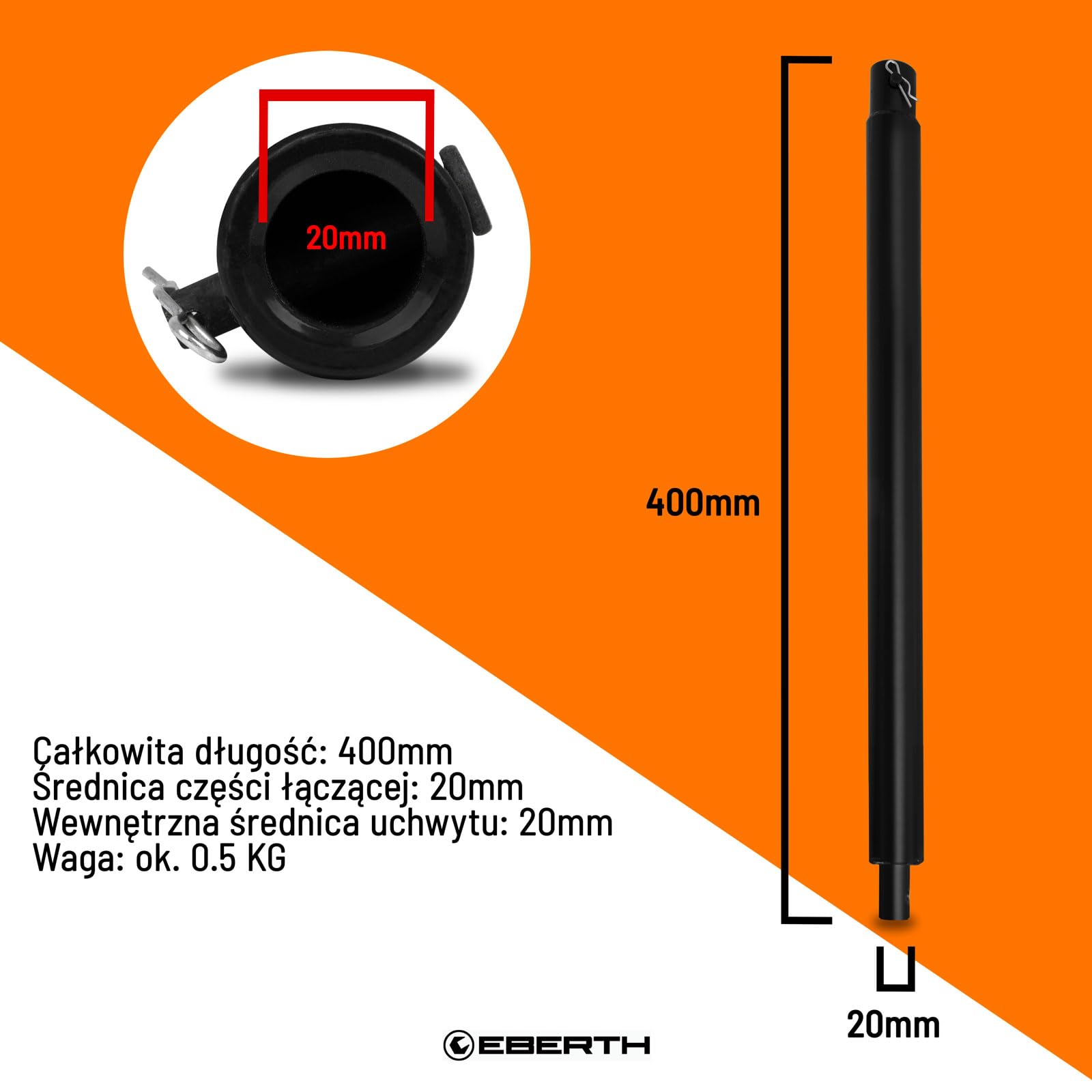 EBERTH Przedłużenie wiertła do wiertnic ziemnych, wierteł ogrodowych, stali, długość 400 mm, średnica mocowania 20 mm, lakierowane na czarno, nierdzewne, połączenie wtykowe z bolcem zabezpieczającym